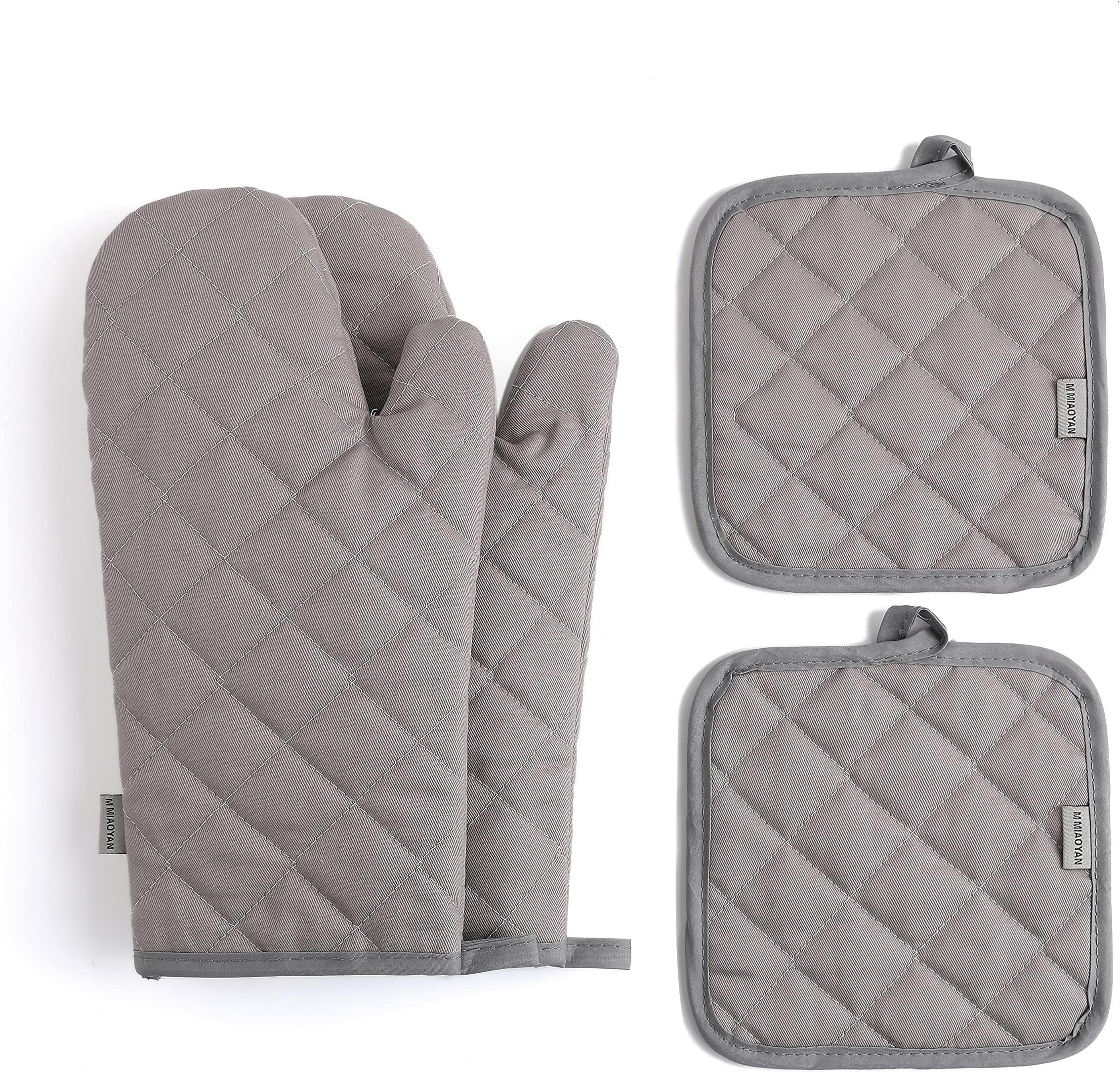 Oven Mitts and Pot Holders 4 pcs Set,High Heat Resistant 500 Degree Extra Thicken Long Kitchen Cotton Oven Glove for Cooking (12 Inch,Grey)