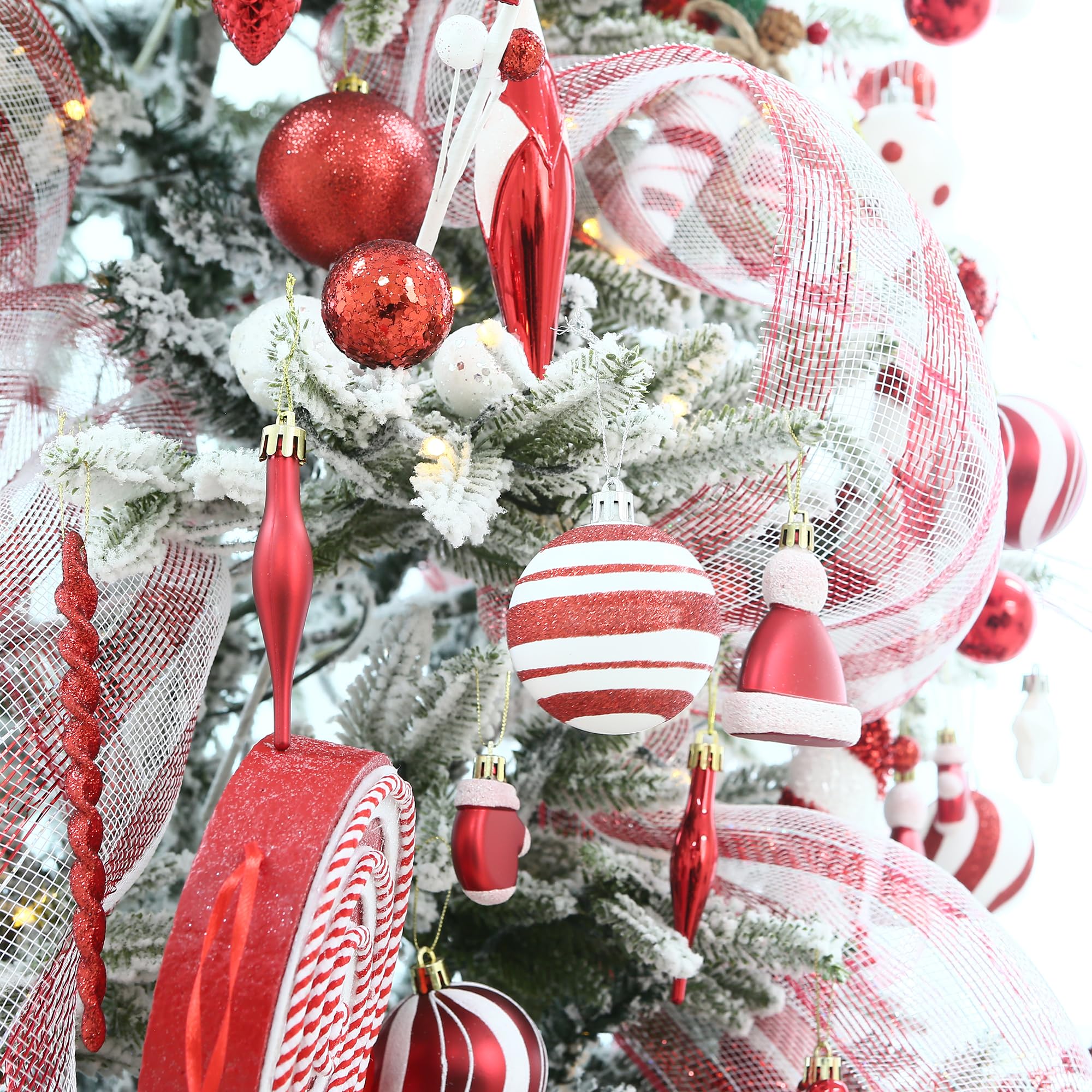 Sea Team Lot de 130 boules de Noël incassables assorties en plastique - Décoration de sapin de Noël, pendentifs, boules décoratives avec étoile de haut d'arbre pour sapin de Noël, guirlande (rouge)