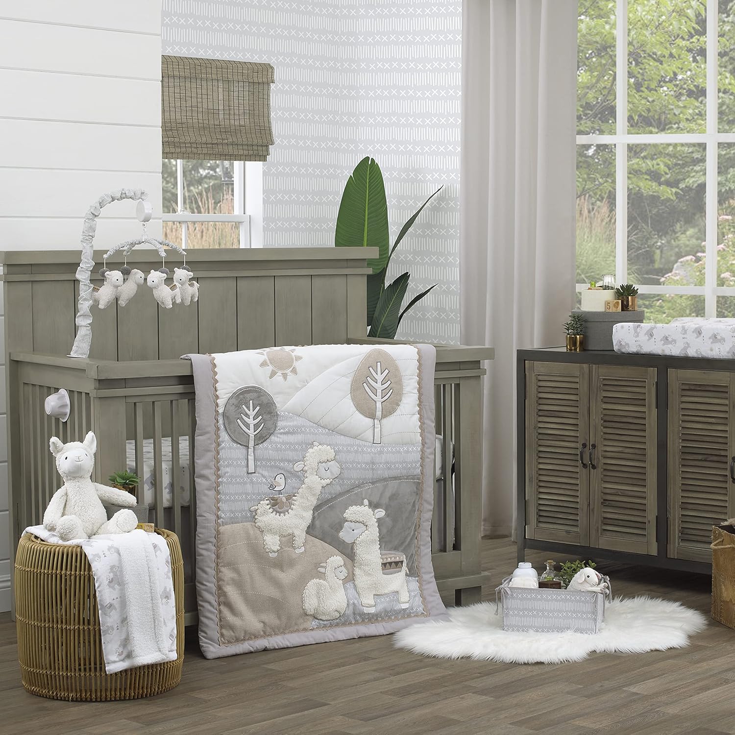 NoJo Mama's Little Llama Grey, White & Charcoal 4Piece Nursery Crib Bedding Set - Comforter, Crib Sheet, Dust Ruffle & Nursery Organizer, Grey, White, Beige : Baby