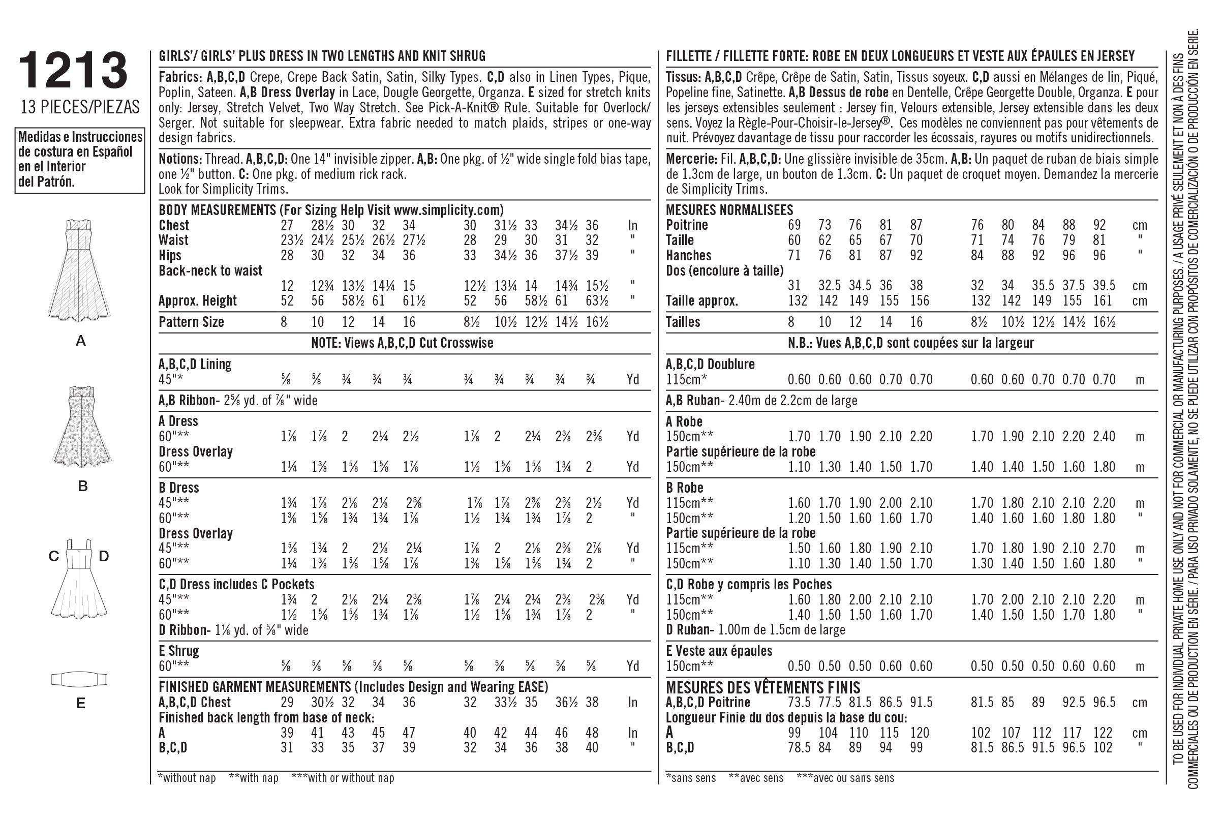Simplicity 1213 Girls' and Plus Size Girl's Dress and Knit Shrug Sewing Patterns, Sizes AA (8-10-12-14-16)