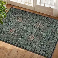 Boho Floral Washable Entry Small Rug, 2x3 Dark Green Distressed Kitchen Throw Rug - Soft Cottagecore Botanical Floor Mat for Bathroom, Laundry, Front Door, Indoor Entrance with Low Pile, Non Slip
