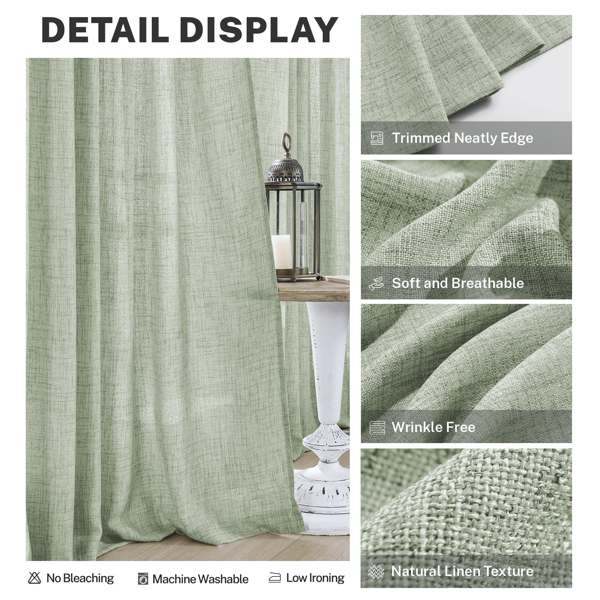 Tende in lino verde oliva, lunghe 228 cm, pannelli trasparenti