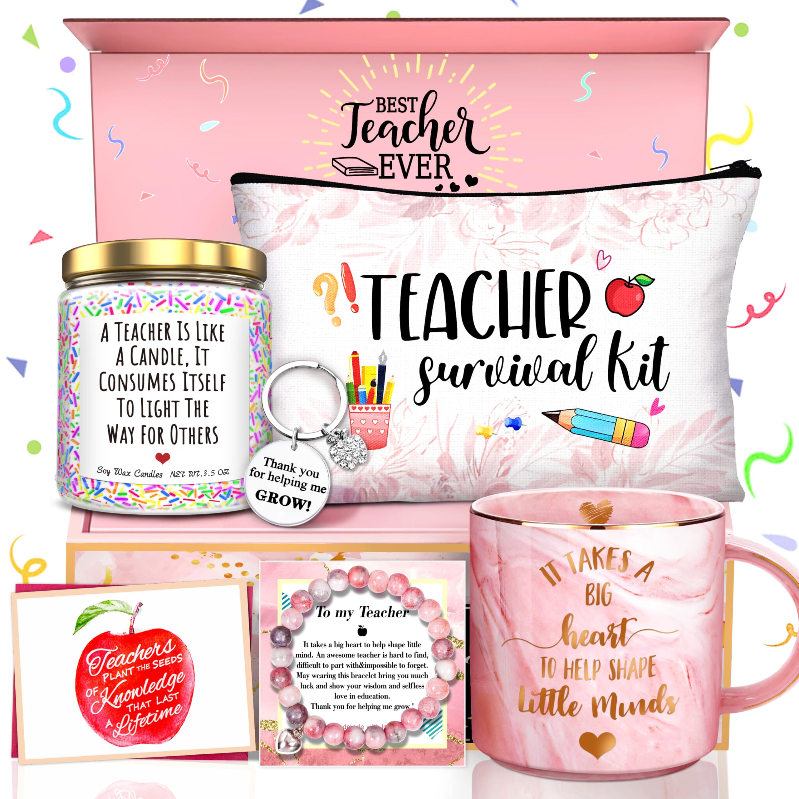 Teacher Appreciation Gifts Thank You Basket for Women Teacher Gift Sets from Student Big Heart Pink Coffee Mug Graduation Gifts Unique Christmas Ideal for Teachers