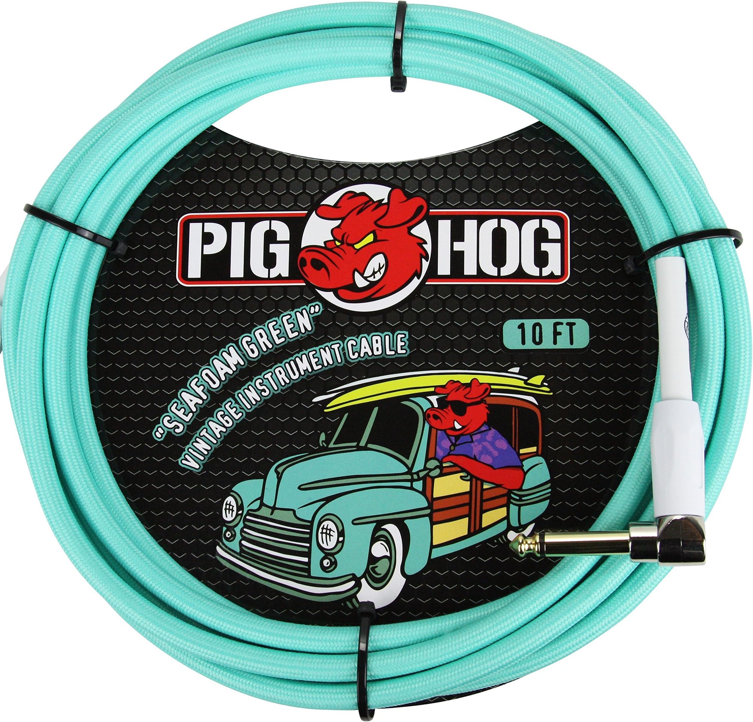 Pig Hog PCH10SGR 1/4" Straight to 1/4" Right-Angle Seafoam Green Instrument Cable, 10 feet