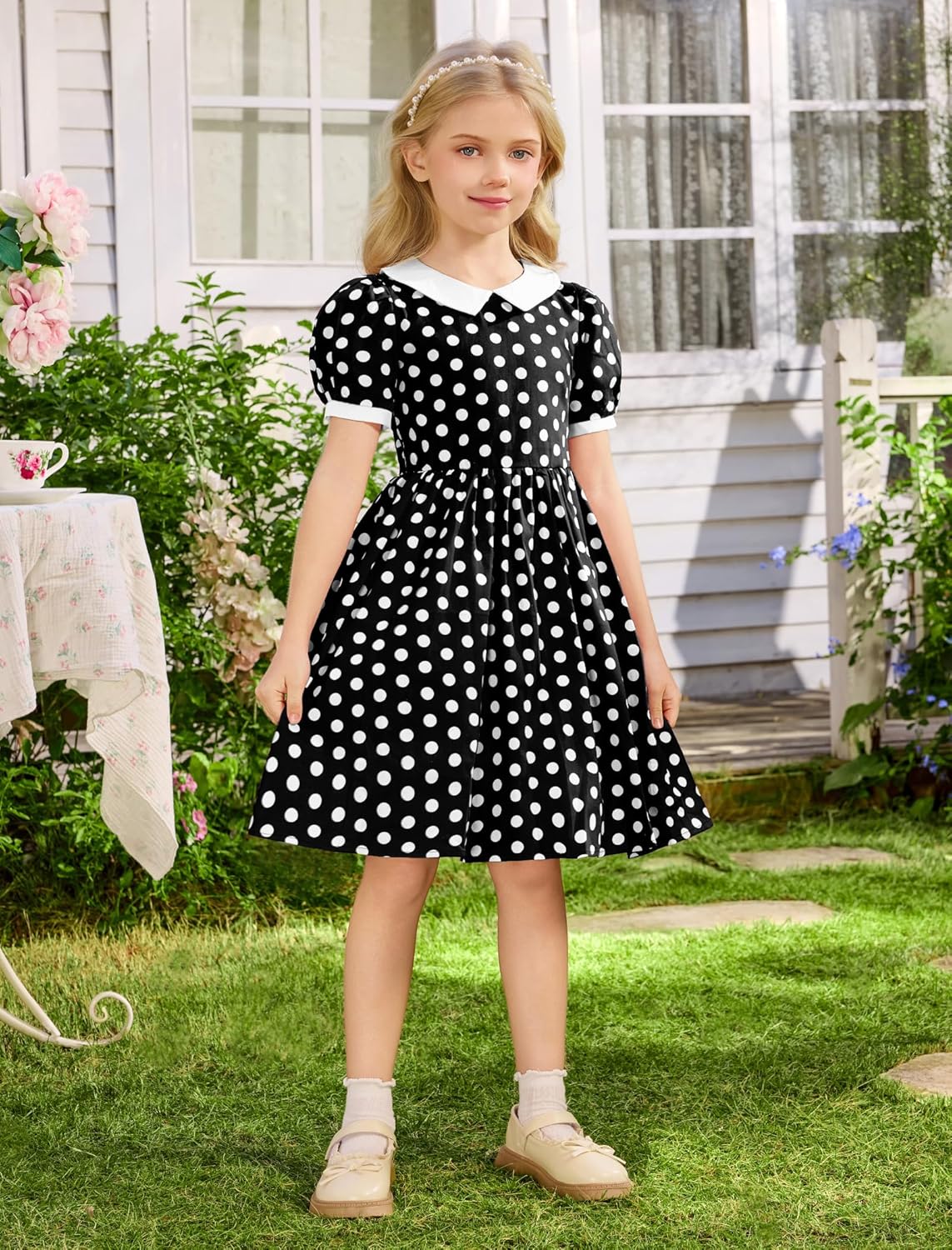 ODIZLI 1950s Dress for Girls Polka Dots Dresses Short Sleeve Peter Pan Collar 50's Style Themed Party Outfits - Image 3
