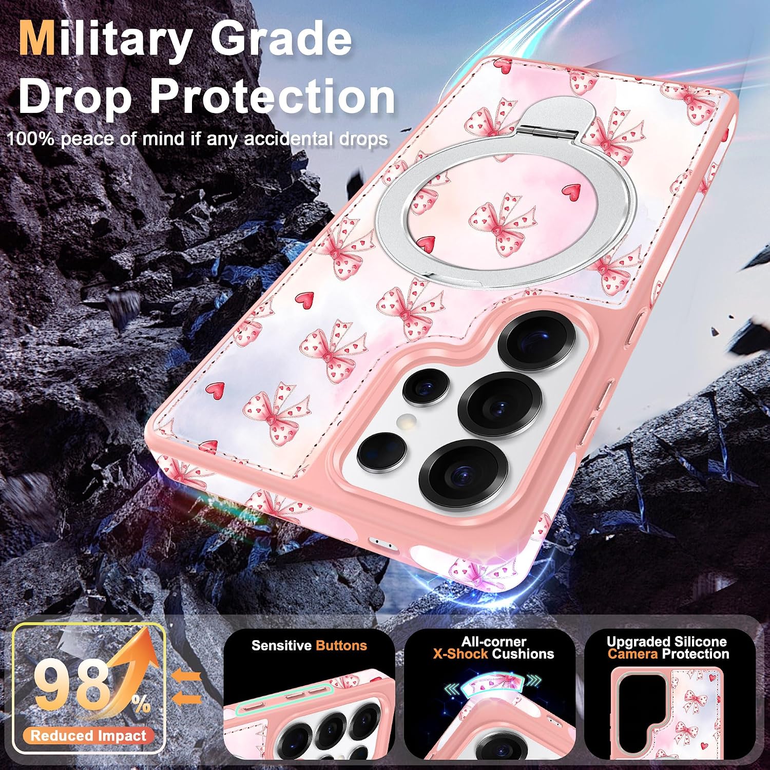 Fingic Leather Case for Samsung S25 Ultra Case[Compatible with Mag-Safe][with Ring Holder]Cute Ribbon Bow Tie Planet Heart Floral Aesthetic Trendy Slim Magnetic Stand Protective Shockproof Cover,Pink