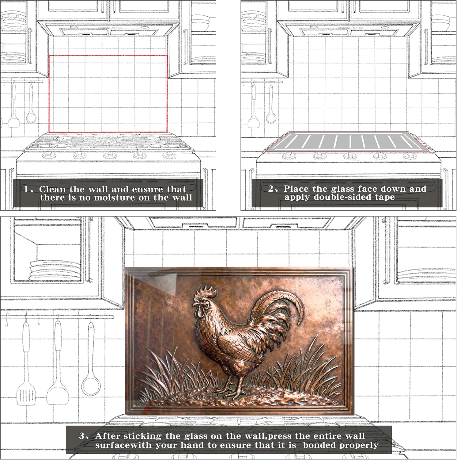 fzxwyishu Tempered Glass Backsplash for Kitchen,Stove Splashback Protector Rooster Design | Heat-Resistant Splash Board, Kitchen Wall Decoration (Art Deco 1, 30"x18"(76.2x45.72cm))