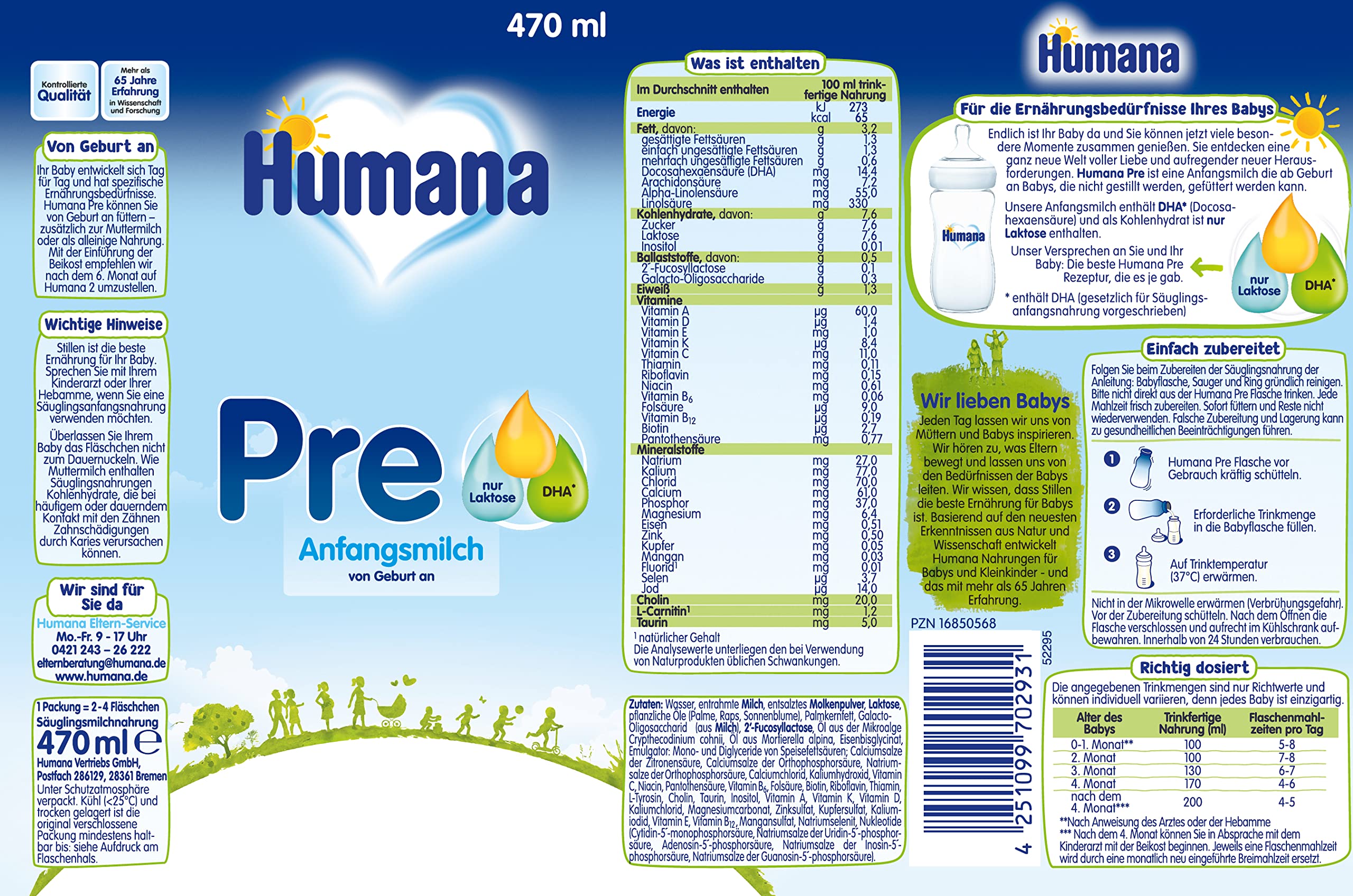 Humana Anfangsmilch Pre trinkfertig, von Geburt an, trinkfertige Säuglingsmilch, zusätzlich zur Muttermilch oder als alleinige Pre Nahrung, Babynahrung mit DHA und nur Laktose, 6 x 470 ml
