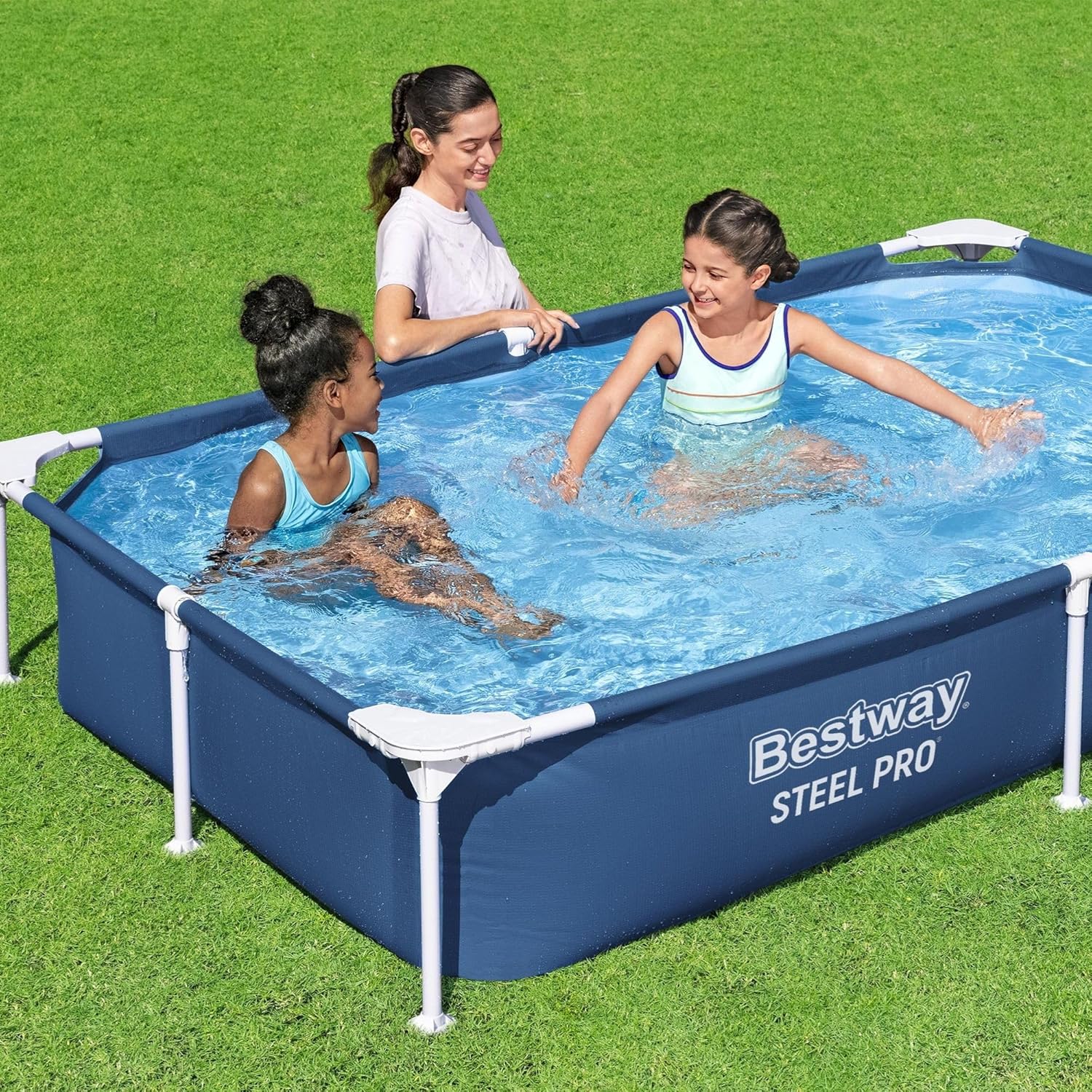 Bestway 56401 Steel Pro Pool | Swimming Pool, Rectangle Above Ground Fast Set Pool, Children’s Detachable Pool, Multiple Sizes, Blue, 221 x 150 x 43 cm