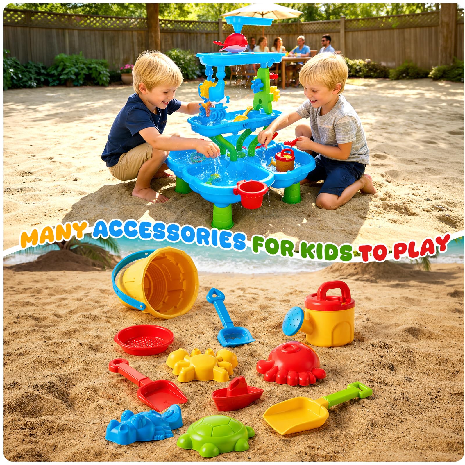 Mesa de juegos acuáticos para niños al aire libre, mesa grande de agua de 4 niveles, mesa de arena y agua para jardín, exterior y playa, juego de actividades con accesorios de juguetes de