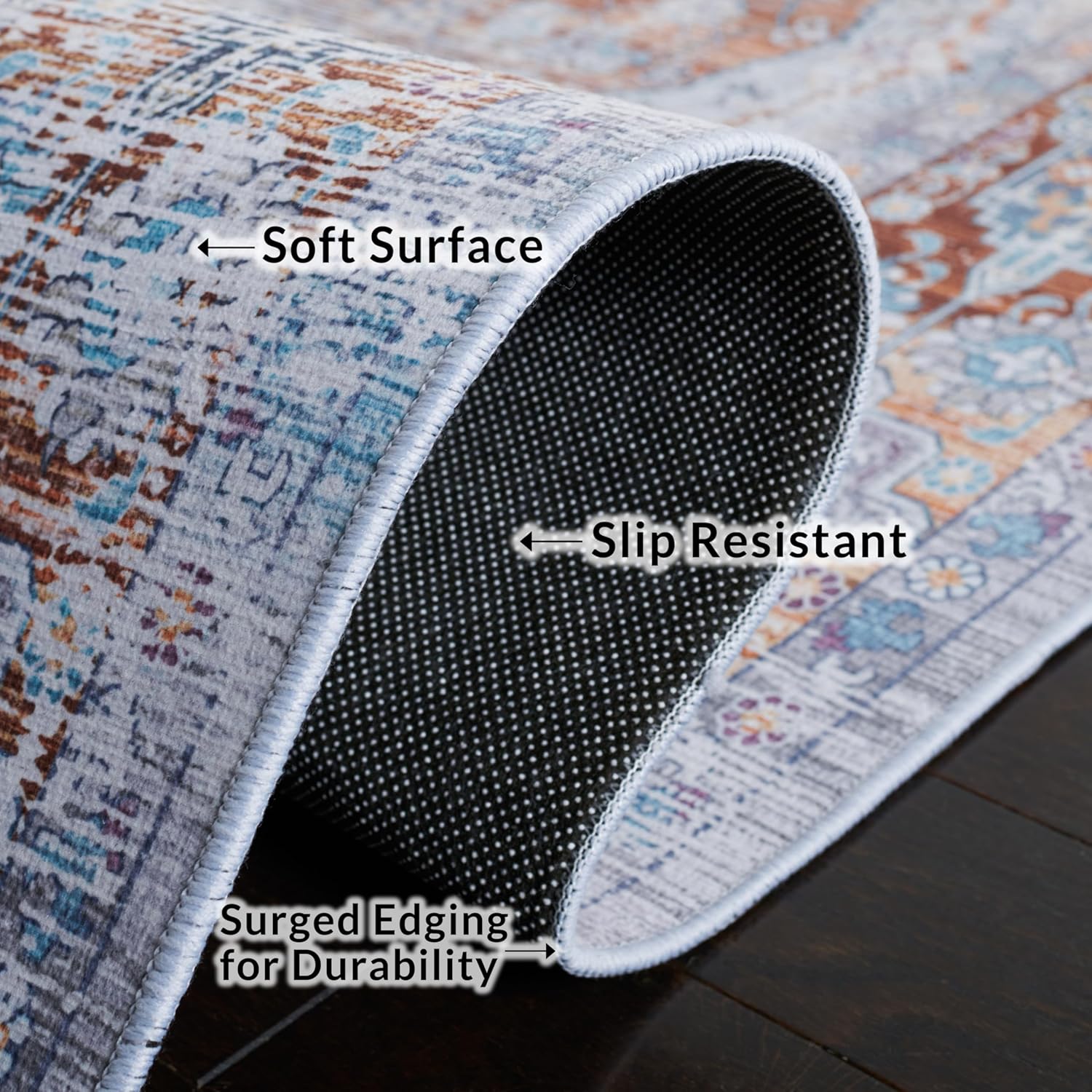 SAFAVIEH Washable Rug Tucson Collection - 6' x 9', Beige & Rust, Slip Resistant & Easy to Clean, Ideal for Living Room, Bedroom, Dining Space (TSN145B)