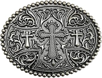 LAXPICOL Native American Big Heavy Duty Vintage Celtic Pattern Cross Oval Belt Buckle For Men Grey Tone