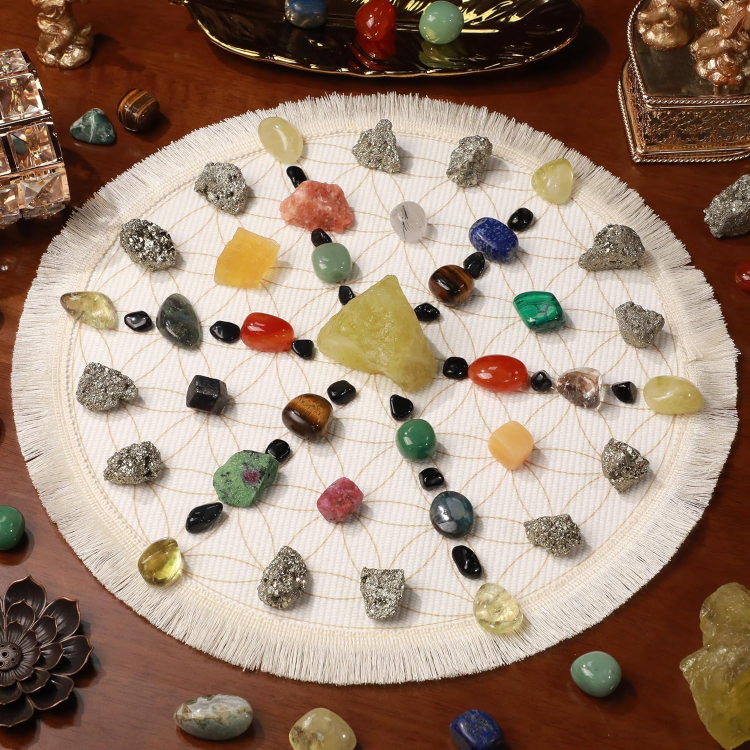 38 Pcs Crystals and Healing Stones. 65 oz Healing Crystal Set for Meditation, Crystal Collection, Decor. Oletiacisi Crystal Abundance Set. Sacred Geometric mat Help Setup a Crystal Grid