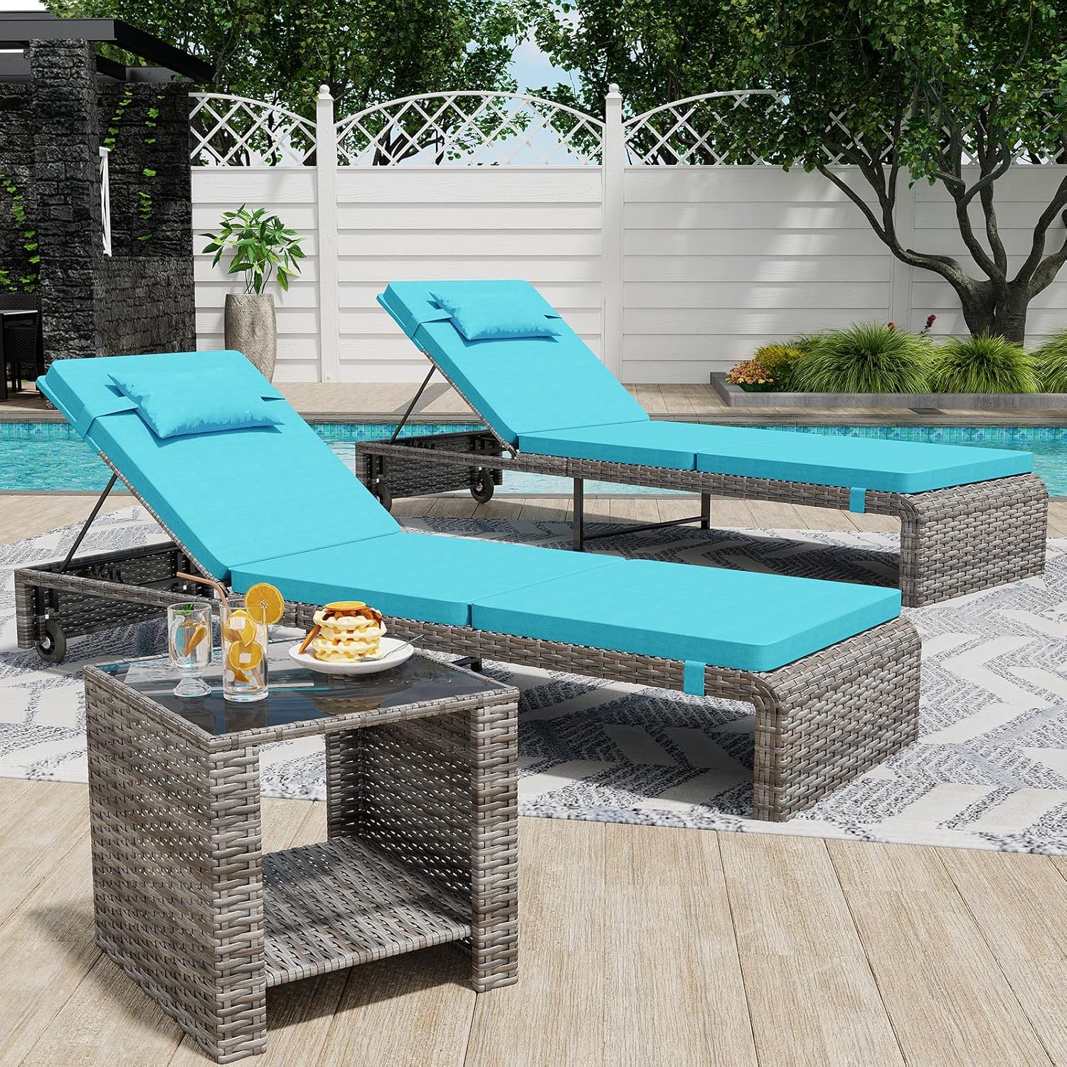 Chaise Lounge Set 3 Pieces, Outdoor Modern Patio Furniture Lounge Chairs Set of 2 with Adjustable Backrest & Side Table, Durable PE Wicker, Weather Resistant Cushions, Blue