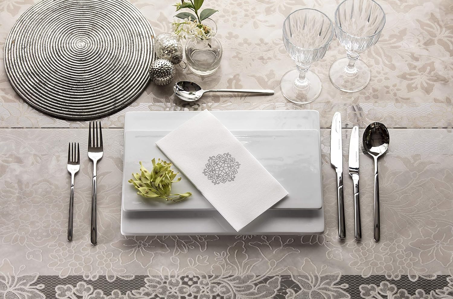 Linen-Feel Guest Towels | Decorative Bathroom Napkins | Soft, Absorbent Disposable Paper Hand Towels for Kitchen, Bathroom, Parties, Weddings, Dinners Or Events White and Silver Napkins 100 Pack