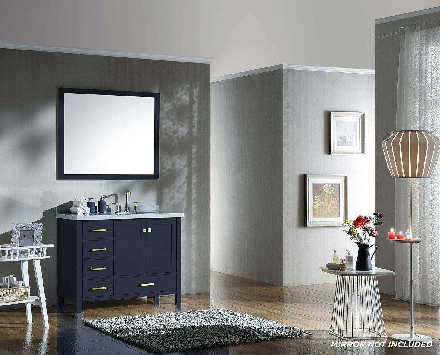 ARIEL Cambridge A043S-R-VO-MNB 43" Inch Single Right Offset Oval Sink Solid Wood Midnight Blue Bathroom Vanity Cabinet with 1.5" Inch Edge White Carrara Marble Countertop and Backsplash