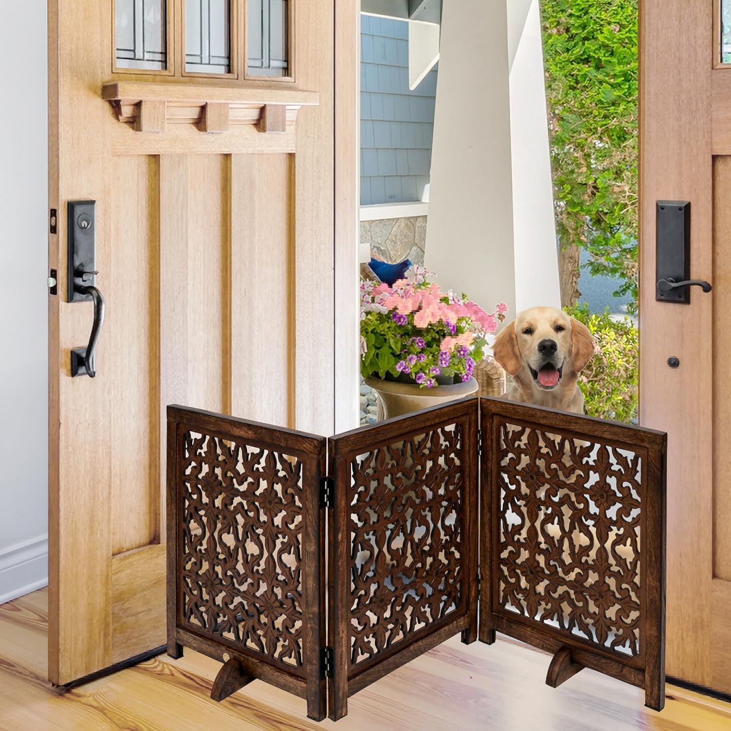Freestanding Pet Gate for Dogs, Foldable Wooden Dog Gate for House, Indoor Dog Gate for Stair, Doorway, Flower Design Gates for Dogs Indoor, 54 Inch Wide, (18" x3 Panels =54 inch), Burnt Finish