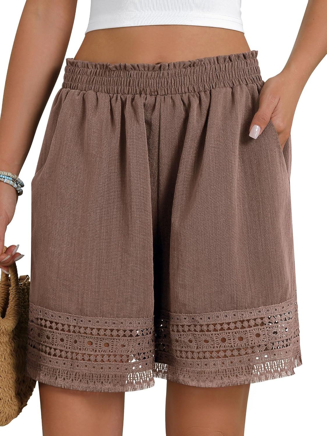 Women's Casual Elastic Waist Lounge Shorts Comfy Stretch Lace Trim Summer Beach Linen Ruffle Shorts - Image 4