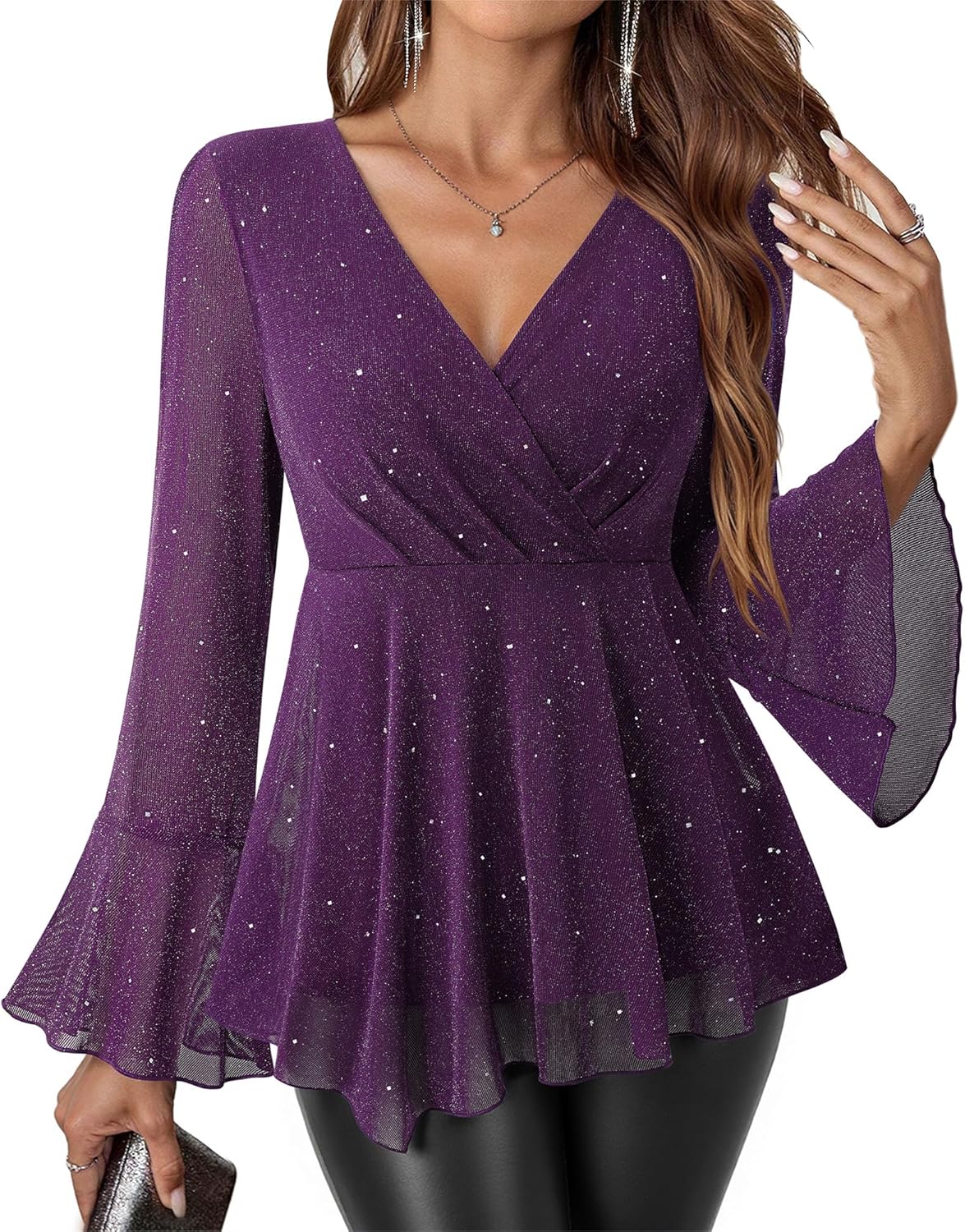 VALOLIA Women Long Sleeve Sparkly Tops V Neck Blouses Dressy Elegant Party Wrap Top - Image 2