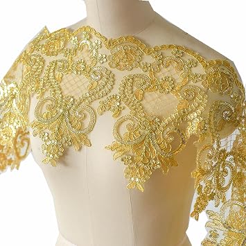 1 Yard Lace Fabric Appliques DIY, Gold | Wedding Dress Accessories, Veil Headdress, Car Bone Flower Sequins, DIY Handmade Jewelry, Lace Trim