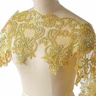 1 Yard Lace Fabric Accessories Wedding Dress Veil Headdress DIY Handmade Jewelry Car Bone Flower Sequins Lace Trim (Gold)