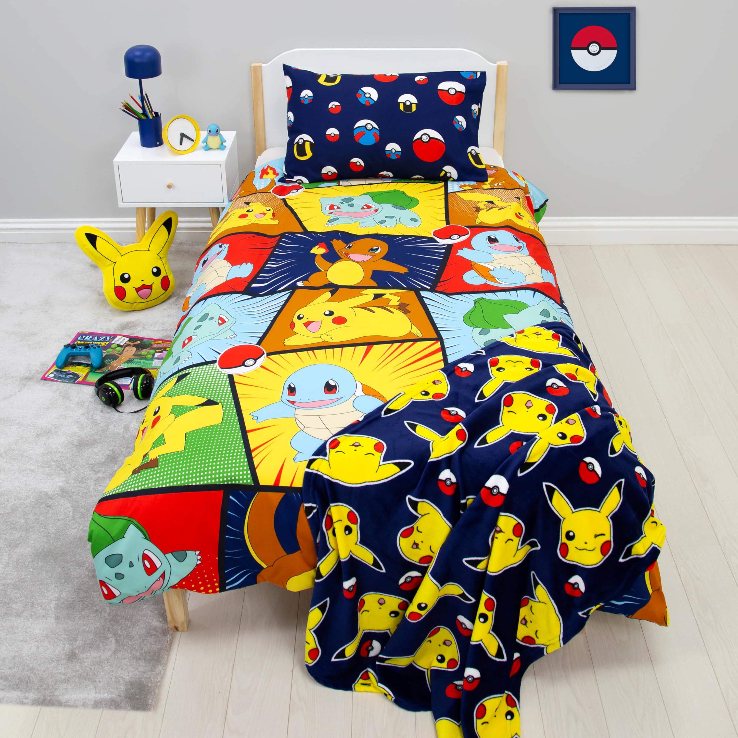 Set copripiumino singolo per bambini, con licenza ufficiale, motivo Pikachu, Bulbasaur, Charmander, Squirtle, reversibile, 2 lati, con federa coordinata, set per letto singolo per bambini