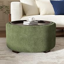 30" Round Ottoman with Storage Circular Coffee Table with Removable Wood Top and Solid Wood Legs Modern Upholstered Ottoman for Living Room Bedroom Apartments Green