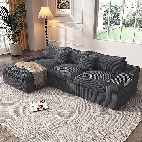 108" Cloud Modular Sectional Couch with Deep Seat, L-Shape Boneless Sofa with Oversized Chaise, Comfy Fluffy Couches for Living Room, Convertible, Layered Cushions, Plush Corduroy, Dark Grey