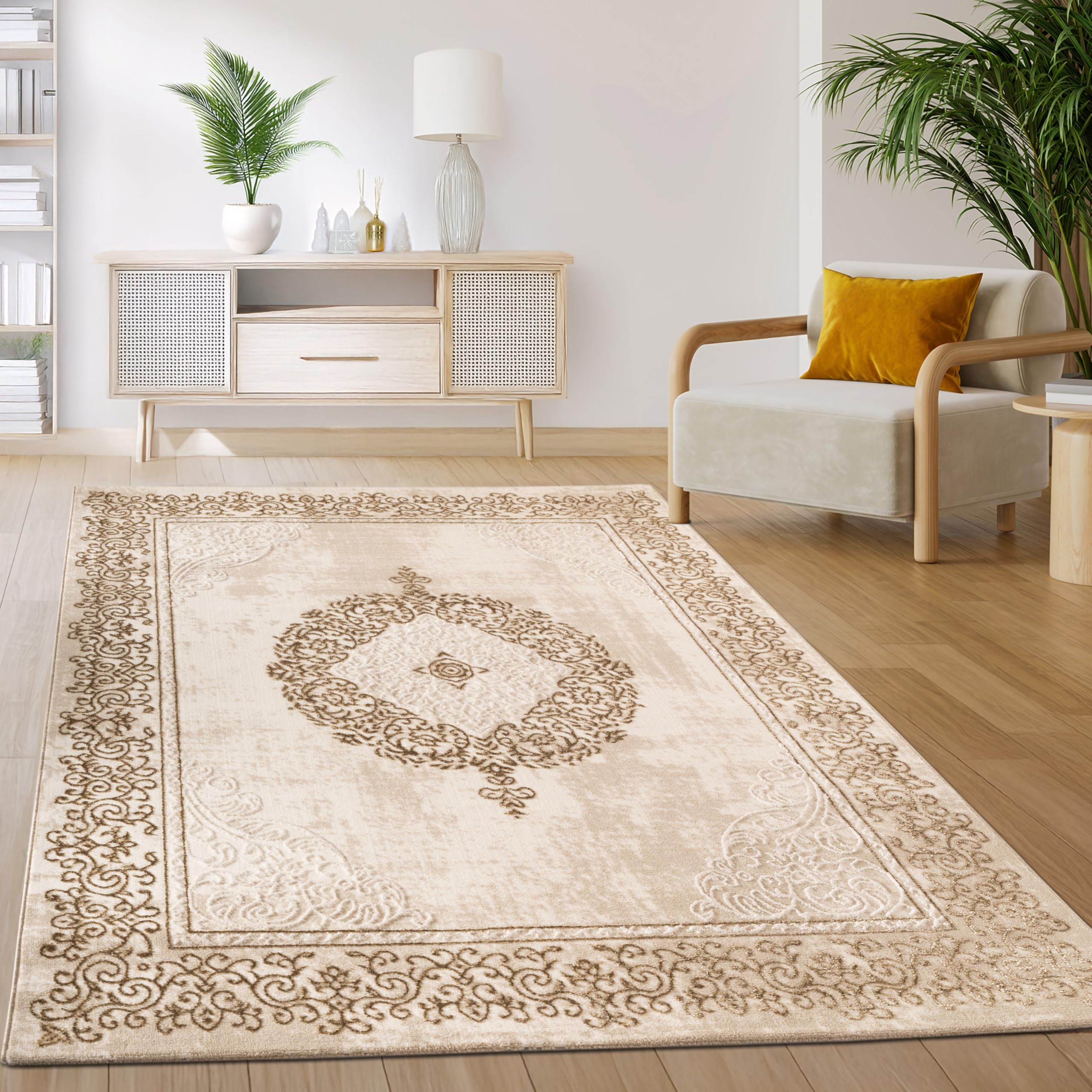 Paco Home Alfombra Salón Dormitorio Pelo Corto Vintage Oriental Abstracto Patrón Moderno Beige Blanco, tamaño:80x150 cm