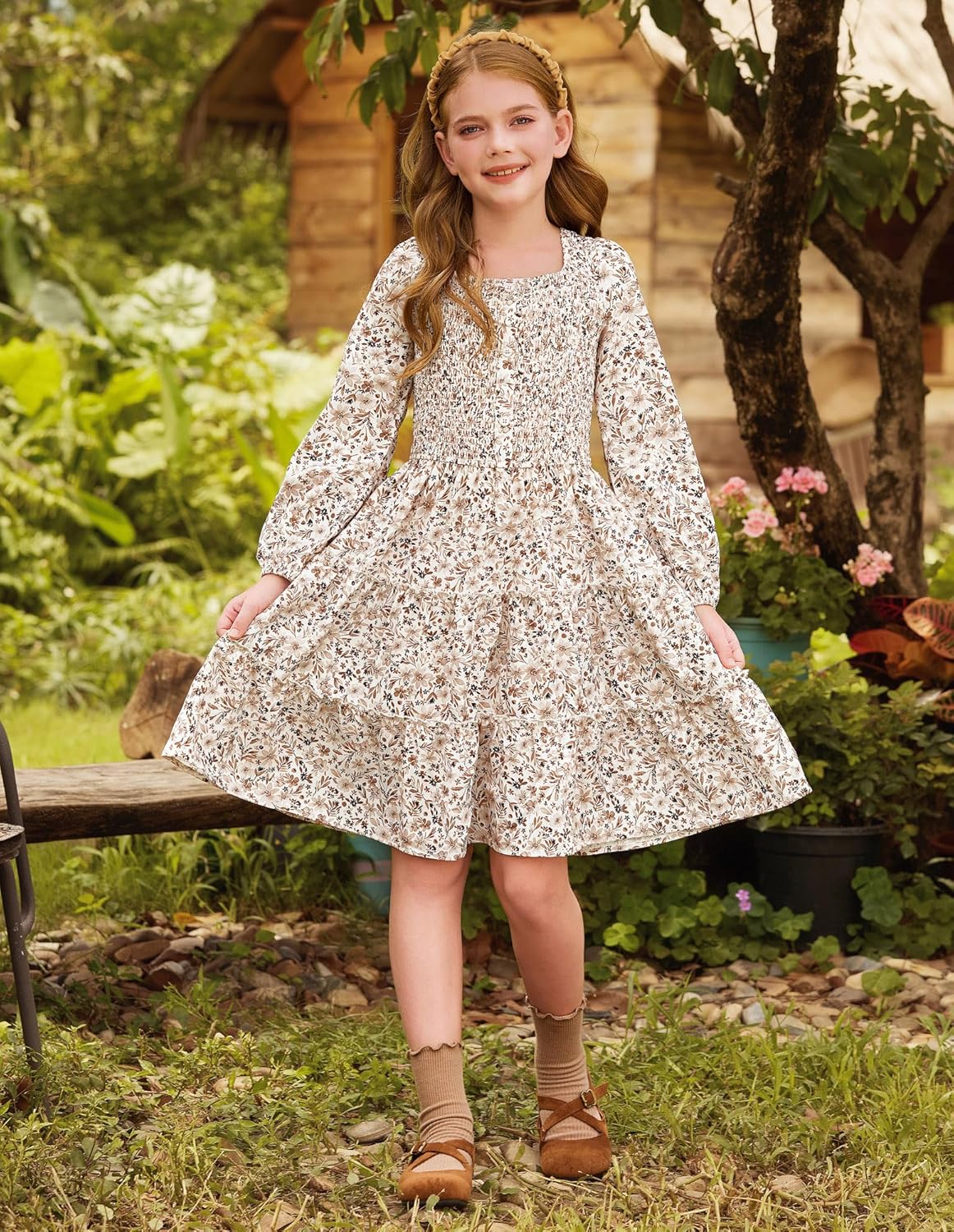 GRACE KARIN Girls Fall Long Sleeve Floral Square Neck Smock Tiered Casual Holiday Teen Dress Size 5-14 - Image 3