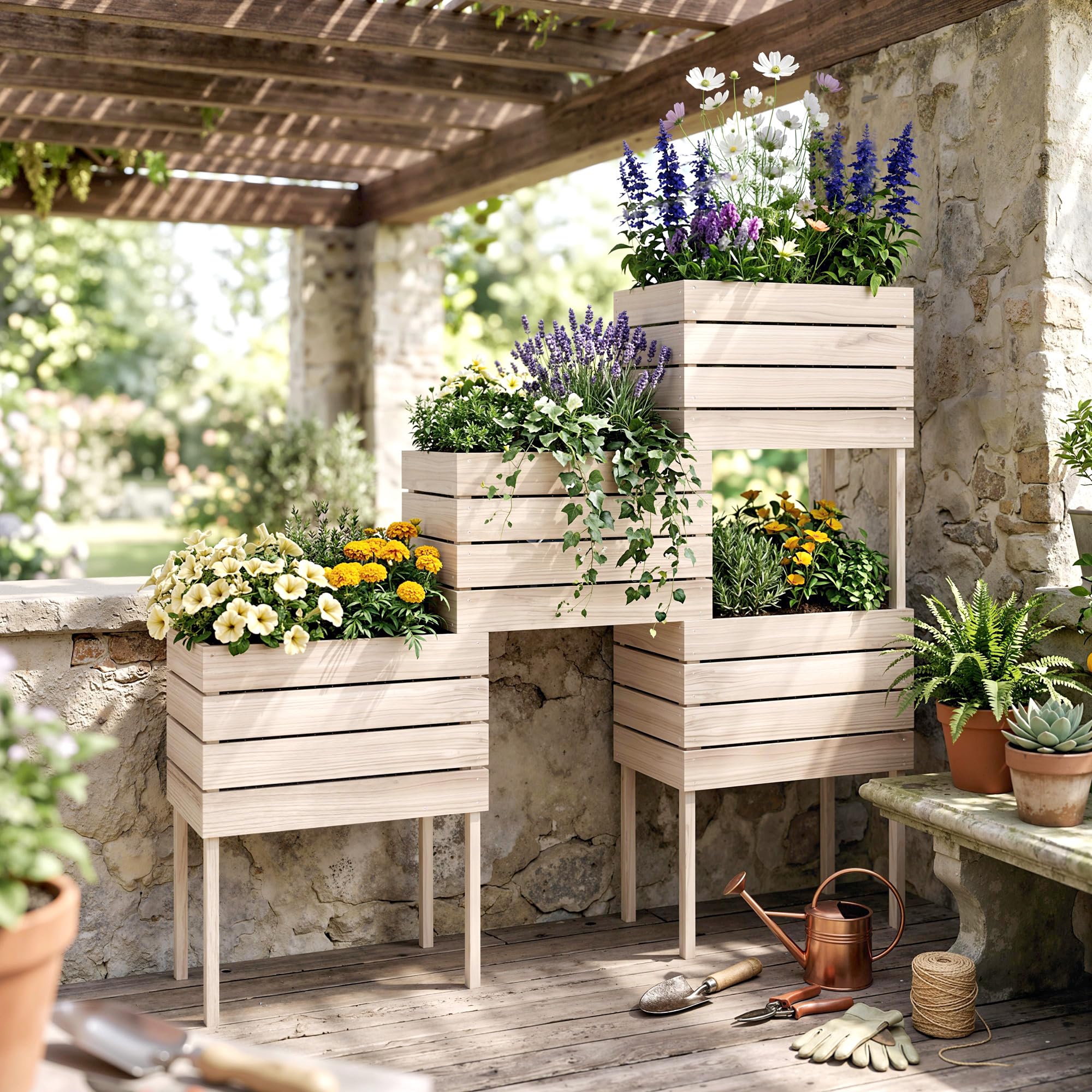 Outsunny Jardinières sur Pieds carrés potagers 50L x 30l x 60H cm Naturel | Lot de 4, Jardinières sur Pied Modulables, Inserts d'Irrigation, Film Protecteur, Bois Sapin, Pot Balcon