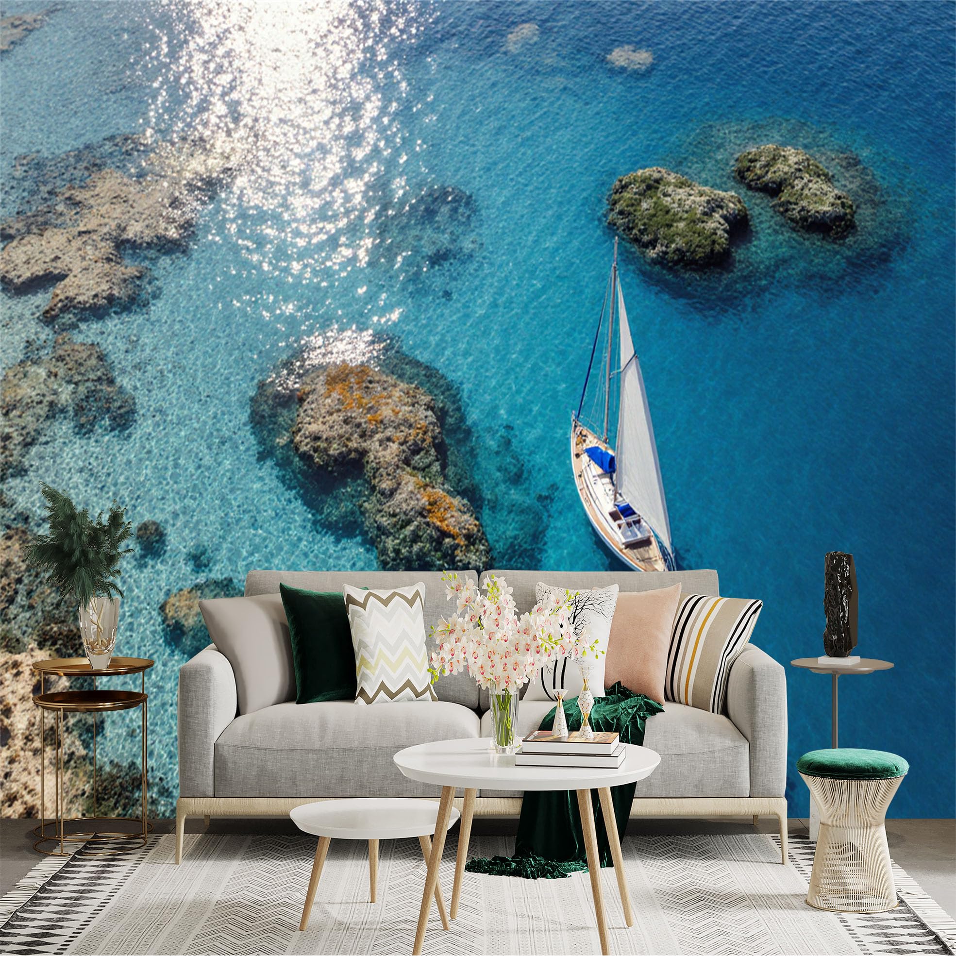 Custom Size Wall Sticker Mural， Sailboat on Clear Blue Sea with Coral Reefs and Sunlight Reflection， for wall Decoration， peelandstick wall Decals.