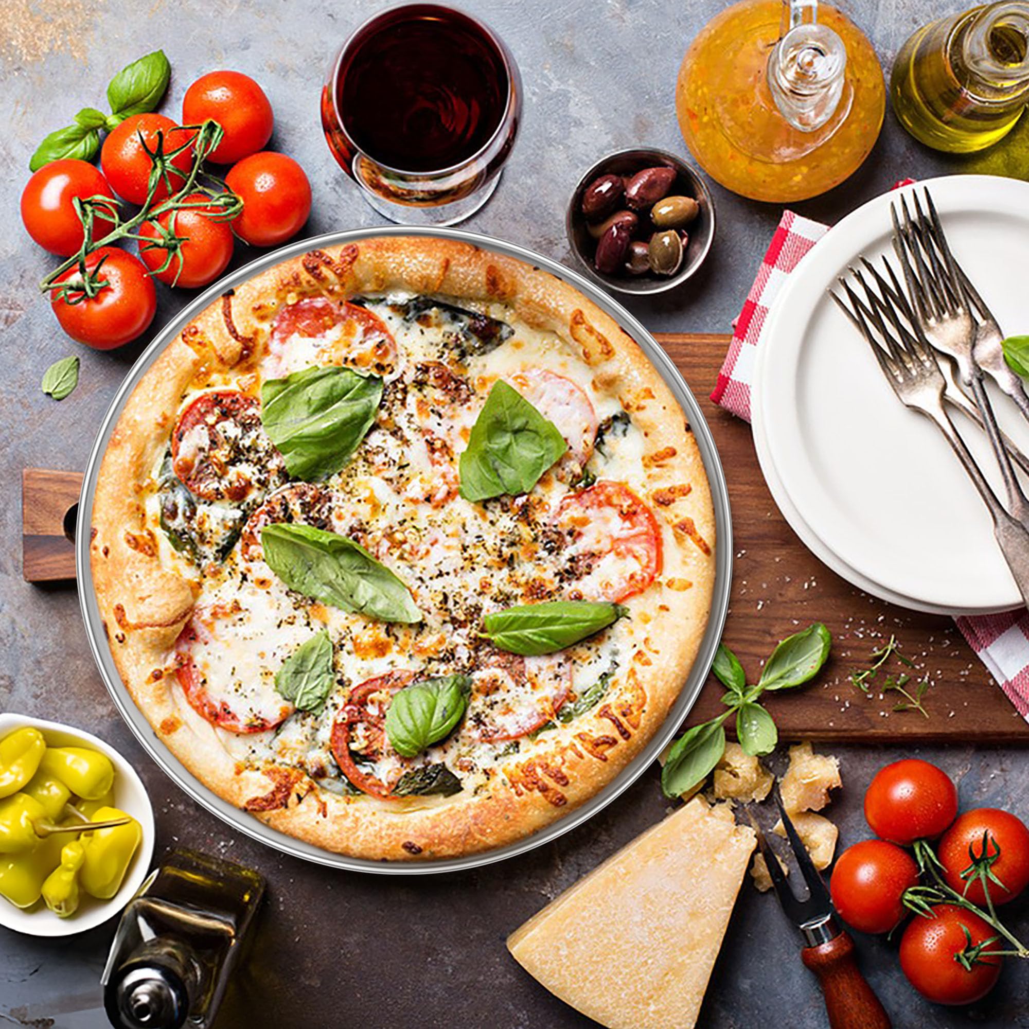 Herogo Set van 4 ronde pizzaplaten van roestvrij staal, 30 cm, voor oven, bakken, serveren, braden, niet giftig en gezond, duurzaam en vaatwasmachinebestendig, zilverkleurig metaal