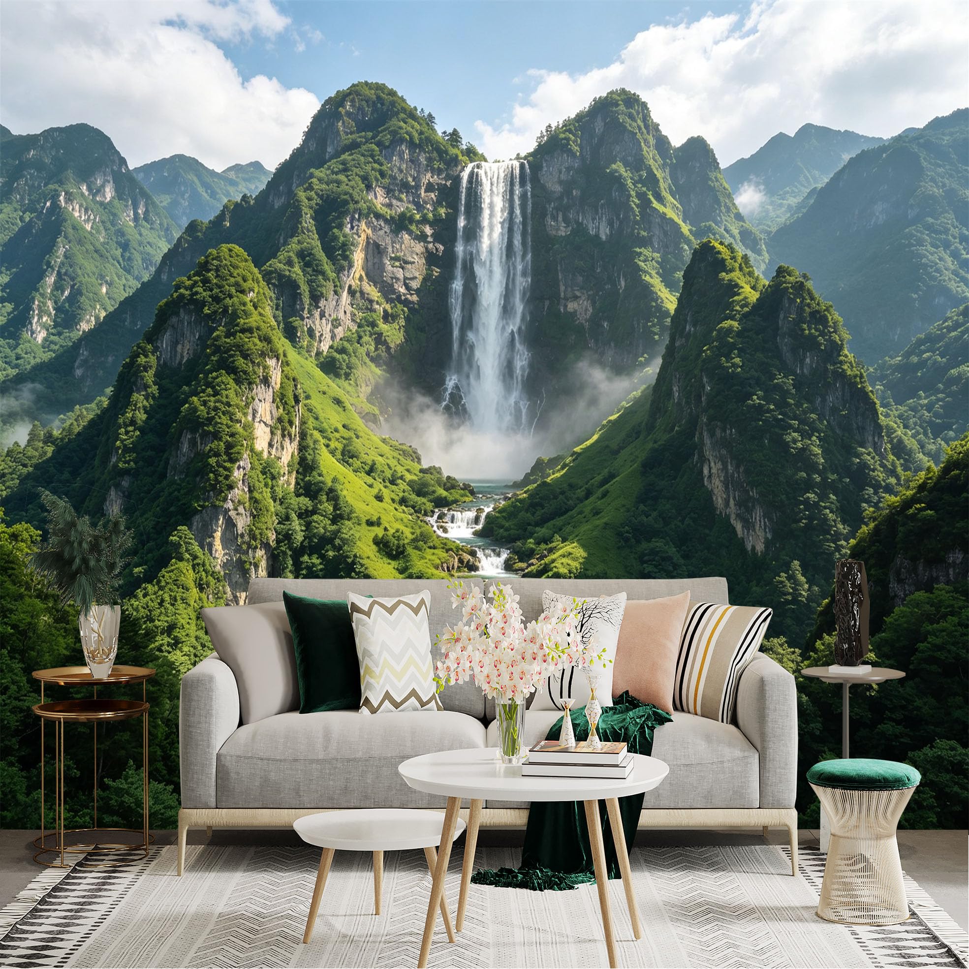 Custom Size Wall Sticker Mural， Majestic Waterfall in Lush Green Mountains， Tropical Nature Landscape， Serene Forest Stream， for wall Decoration， peelandstick wall Decals.