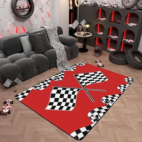 Miniatura 41 de Alfombra decorativa de coche de carreras de 5 x 6 pies 6 pulgadas, alfombra de motocross para interiores para sala de juegos, mesita de noche, sofá,