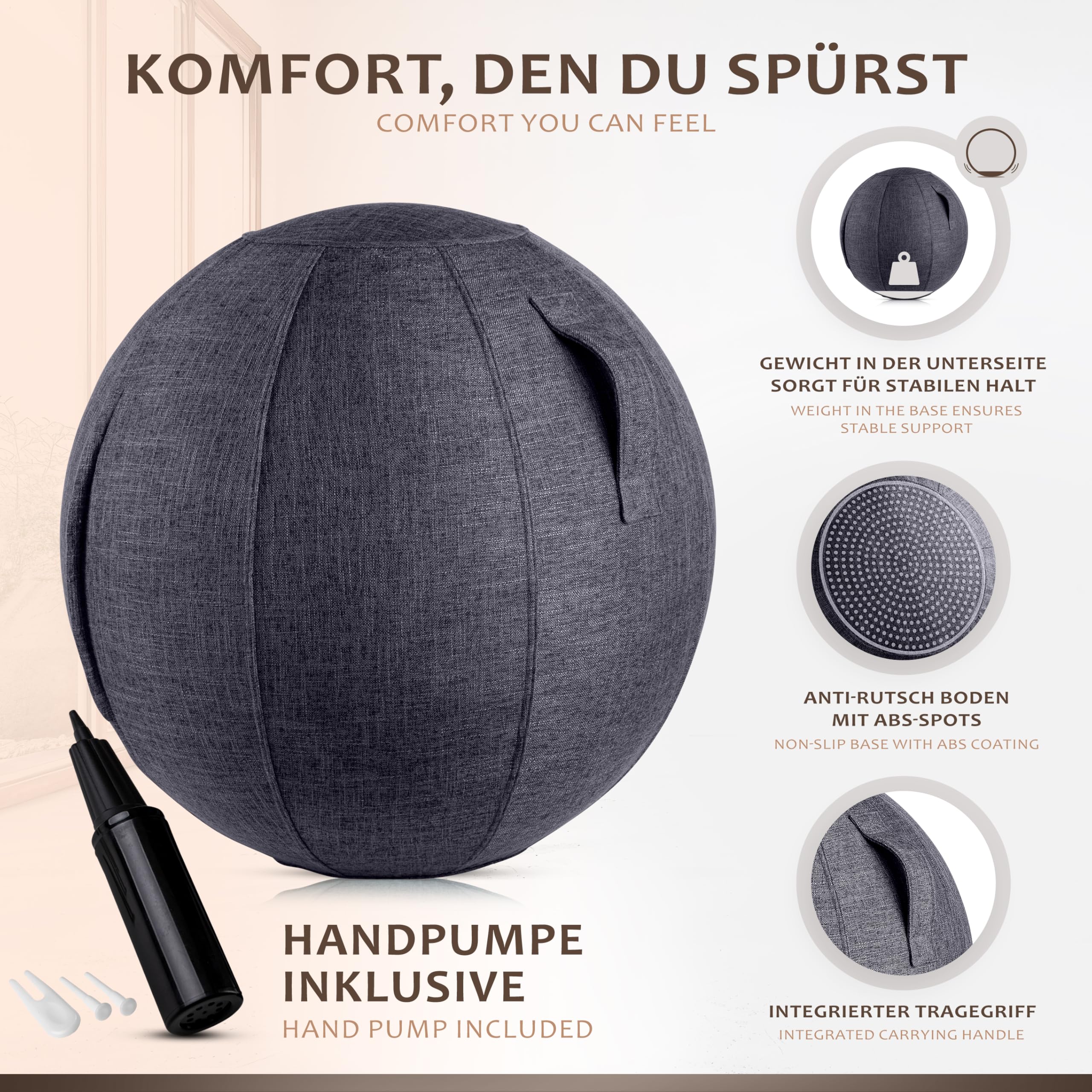 ONVAYA Pelota de gimnasia de 65 cm con funda – pelota de gimnasia con bomba – pelota de yoga antideslizante – pelota estable para sentarse ergonómicamente – Pelota de fitness de alta calidad y pelota