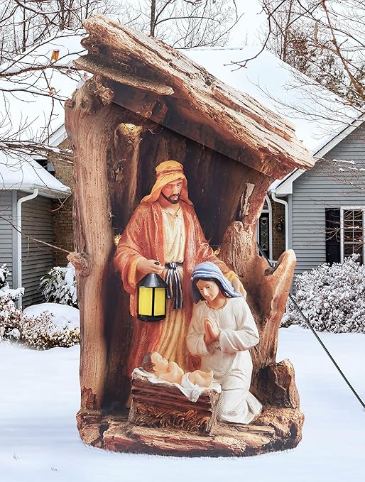 Three Kings Gifts Christmas Outdoor Nativity Scene - 55" Life-Like Scene of The Holy Family Nativity Scene Outdoor bathed in Soft Amber Light - Sturdy & Durable Yard Nativity Scene for Winter