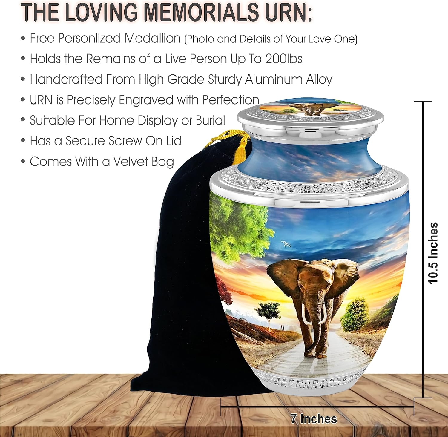 Personalized Medallion Guardian Elephant Cremation Urns for Adult Ashes Male Female - 200lbs Burial Urns for Human Ashes - Handcrafted Funeral Decorative Urns for Ashes Adult Male with Velvet Bag