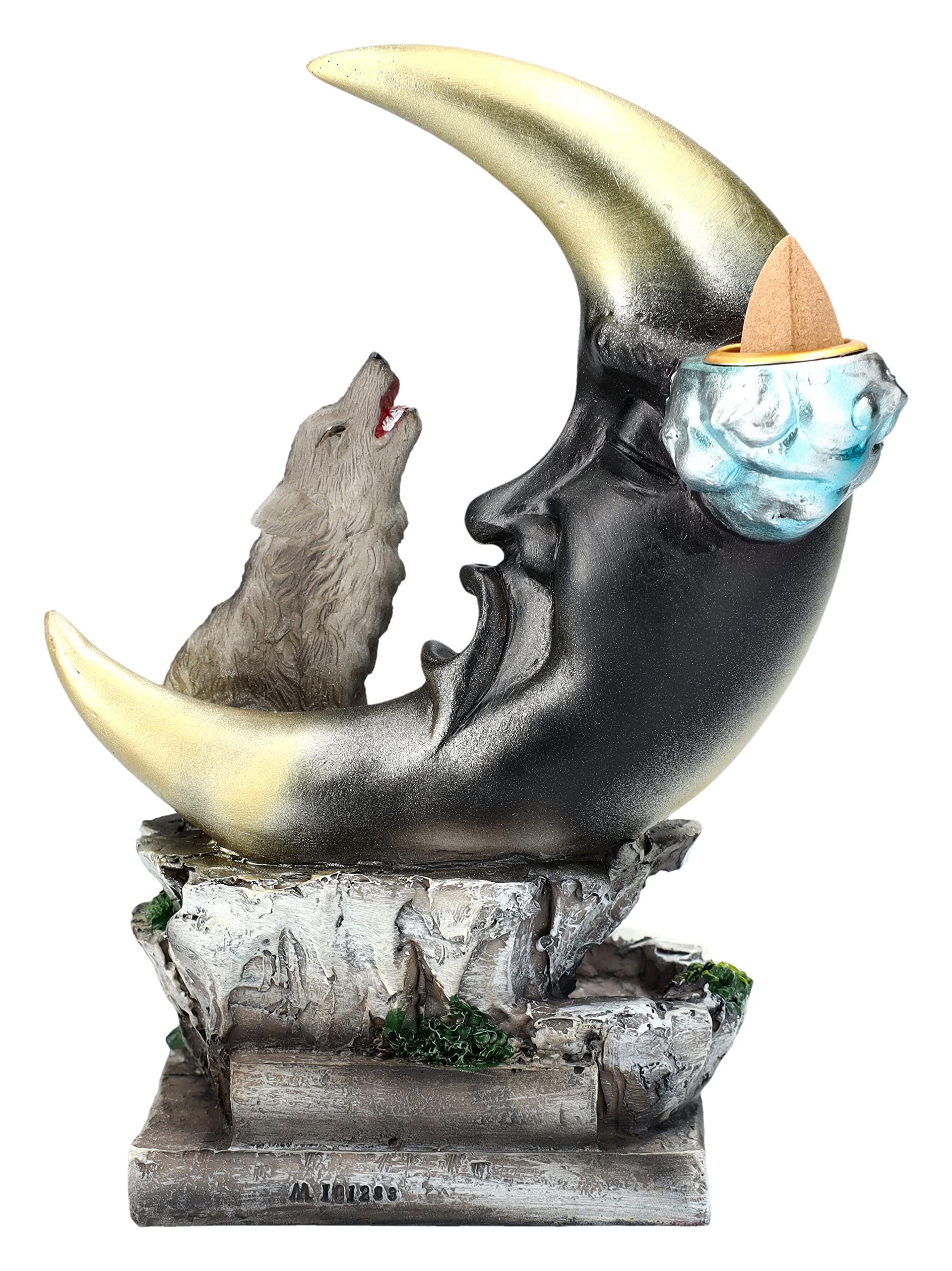 Rückfluss Räuchergefäß Wolf heult Mond an | Backflow Wasserfall Räucherhalter Figur