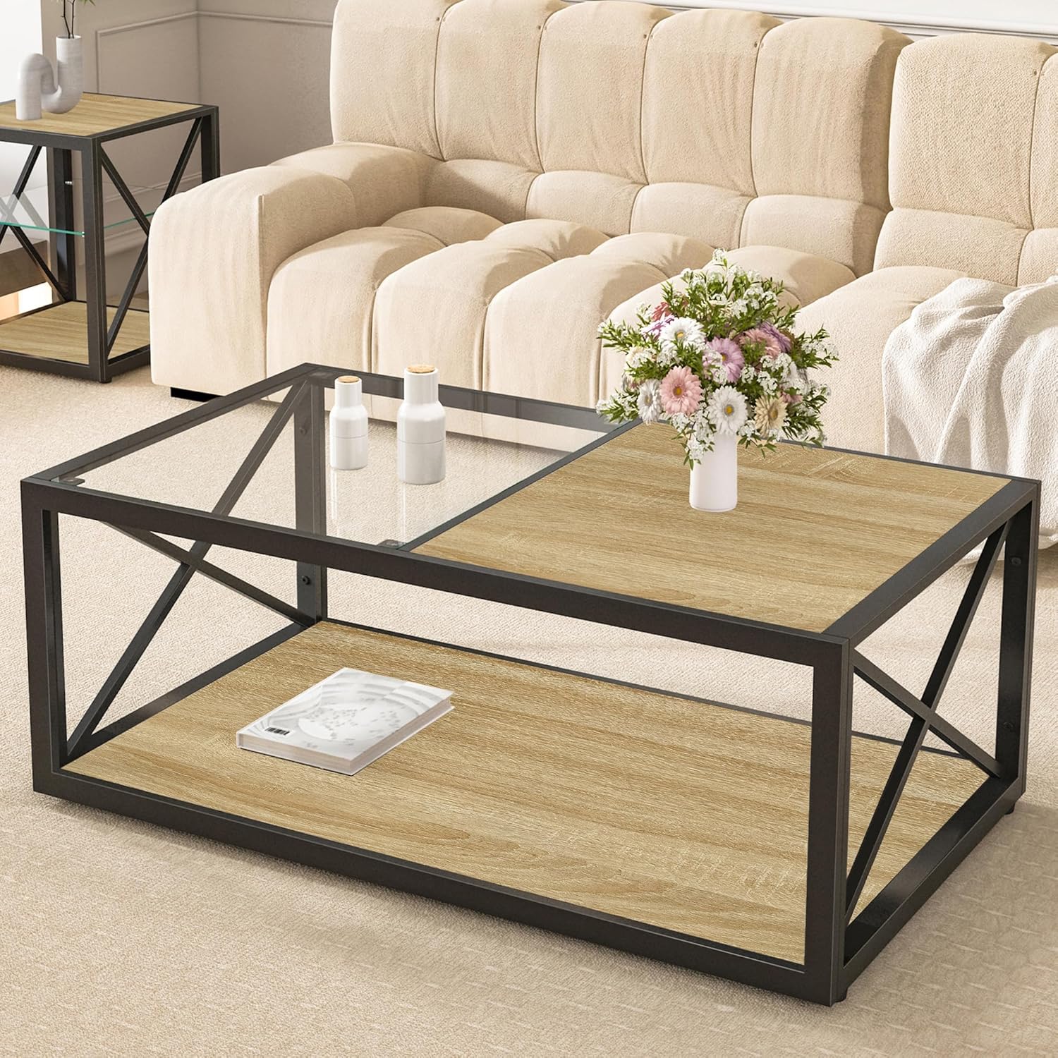 39" Glass Coffee Table Mordern Living Room Table with Black Metal Frame, Rectangle Tempered Glass Top & Rustic Wood MDF Storage Shelves, Industrial Style Natural