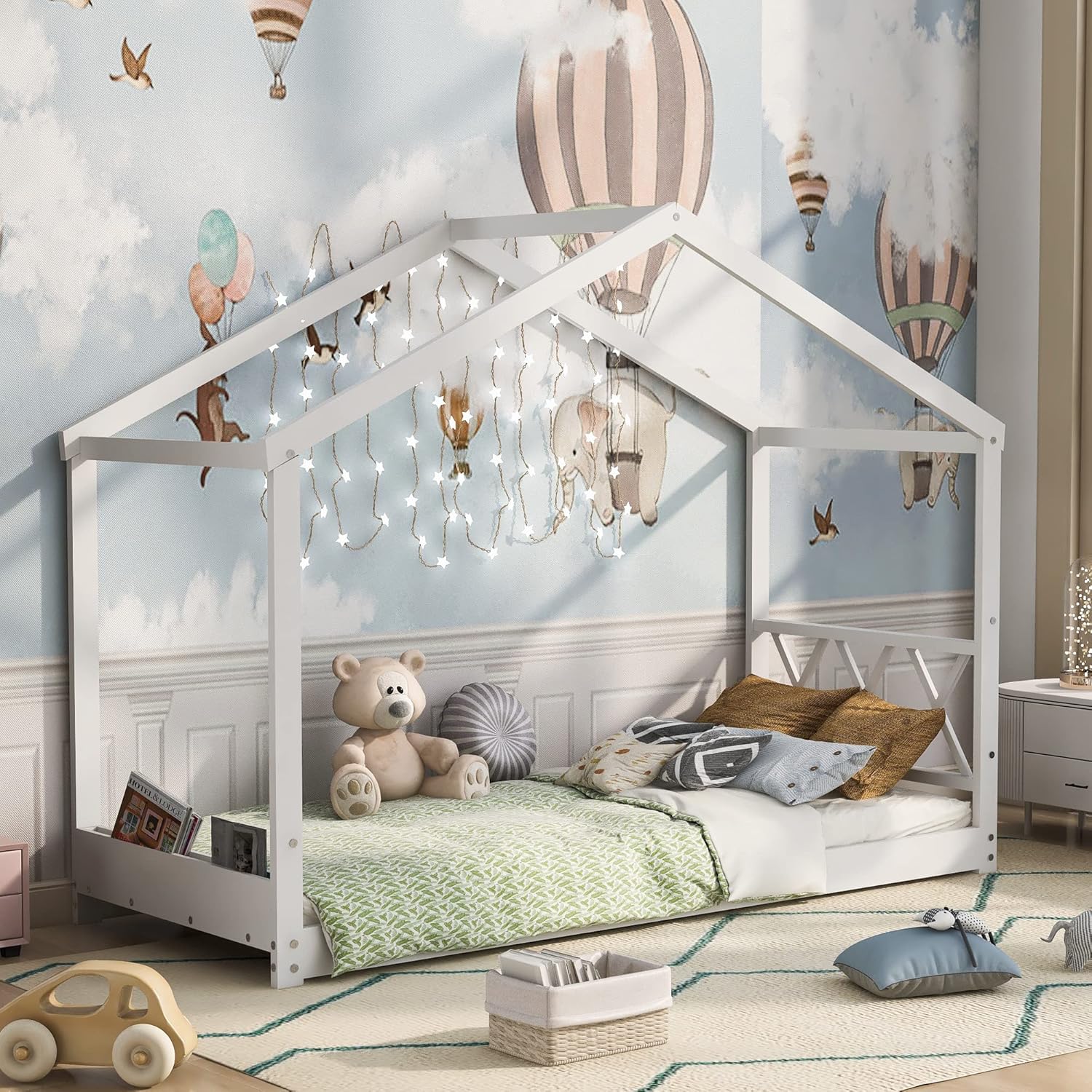 DOMEW niños de Madera Pino 90x200cm, Infantil Cama individuall Forma de casa Casita, Blanco, 90x200