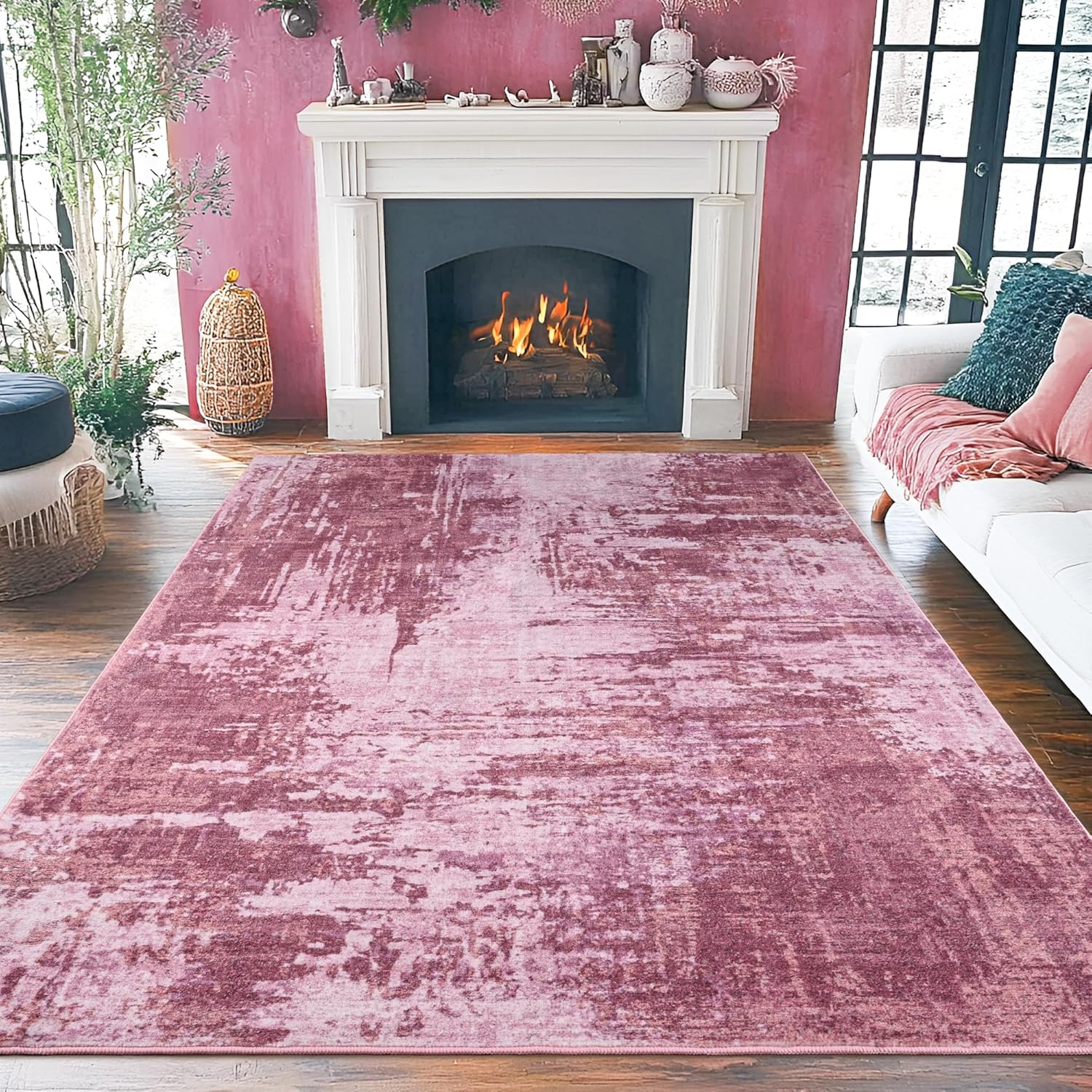 Merelax Area Rugs 4x6 Pink Rug for Bedroom Living Room Kids Room, Modern Abstract Entryway Area Rug Indoor, Boho Vintage Machine Washable Rug, Low Pile Non Slip Dining Room Office Girls Room Carpet Pink 4x6 Feet
