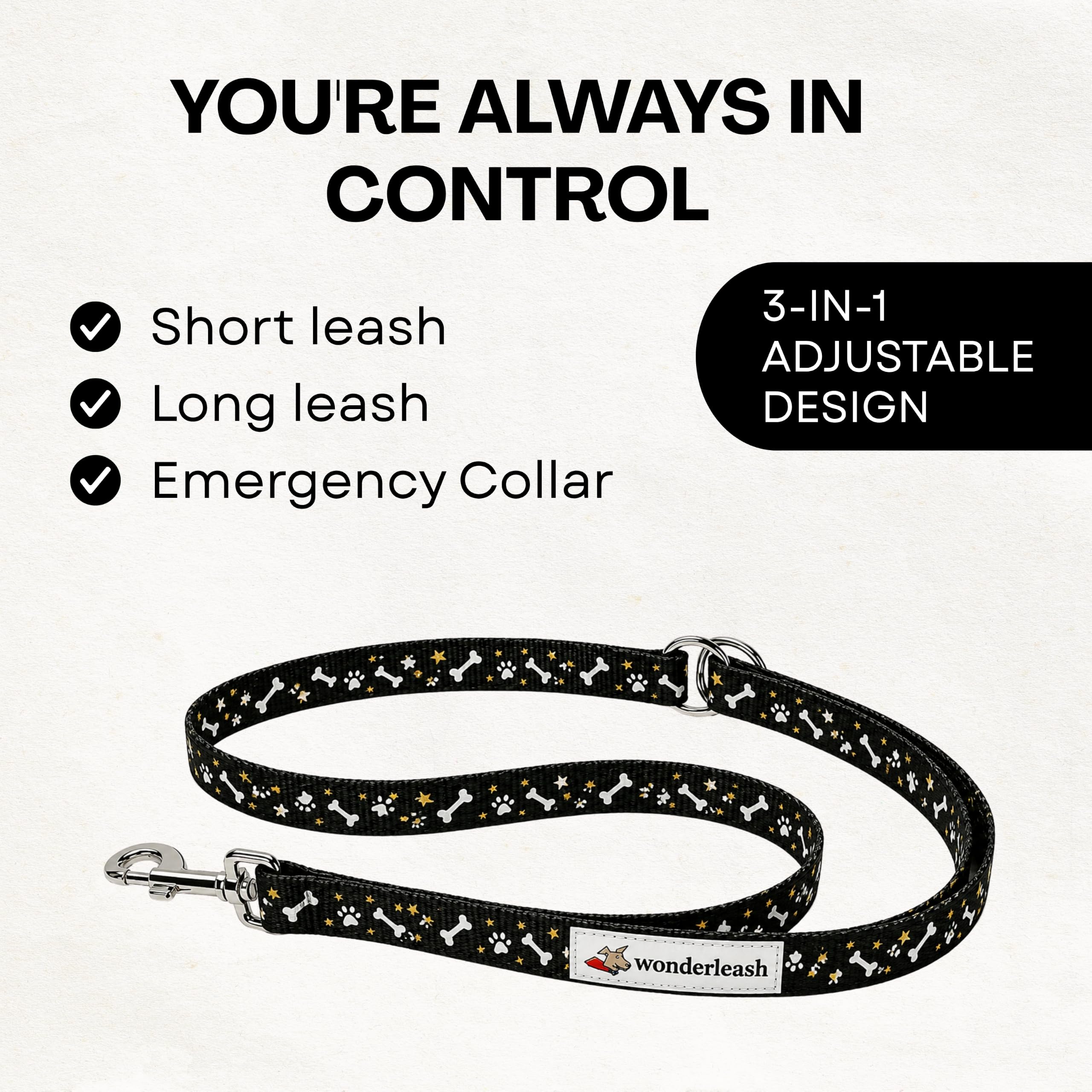 Wonderleash 3 in 1 Hundeleine für Hunde, robuste lange Linie, Trainingsleine mit Notfall-Halsband, bequemer Griff, geeignet für kleine Hunde (Schwarz, S)