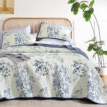 WONGS BEDDING Blue Floral Quilt Set King,Botanical Leaf & Butterfly Pattern Bedspread Coverlet Set,Soft Beautiful Farmhouse Plants Quilts Bedding Set for All Seasons104"90"