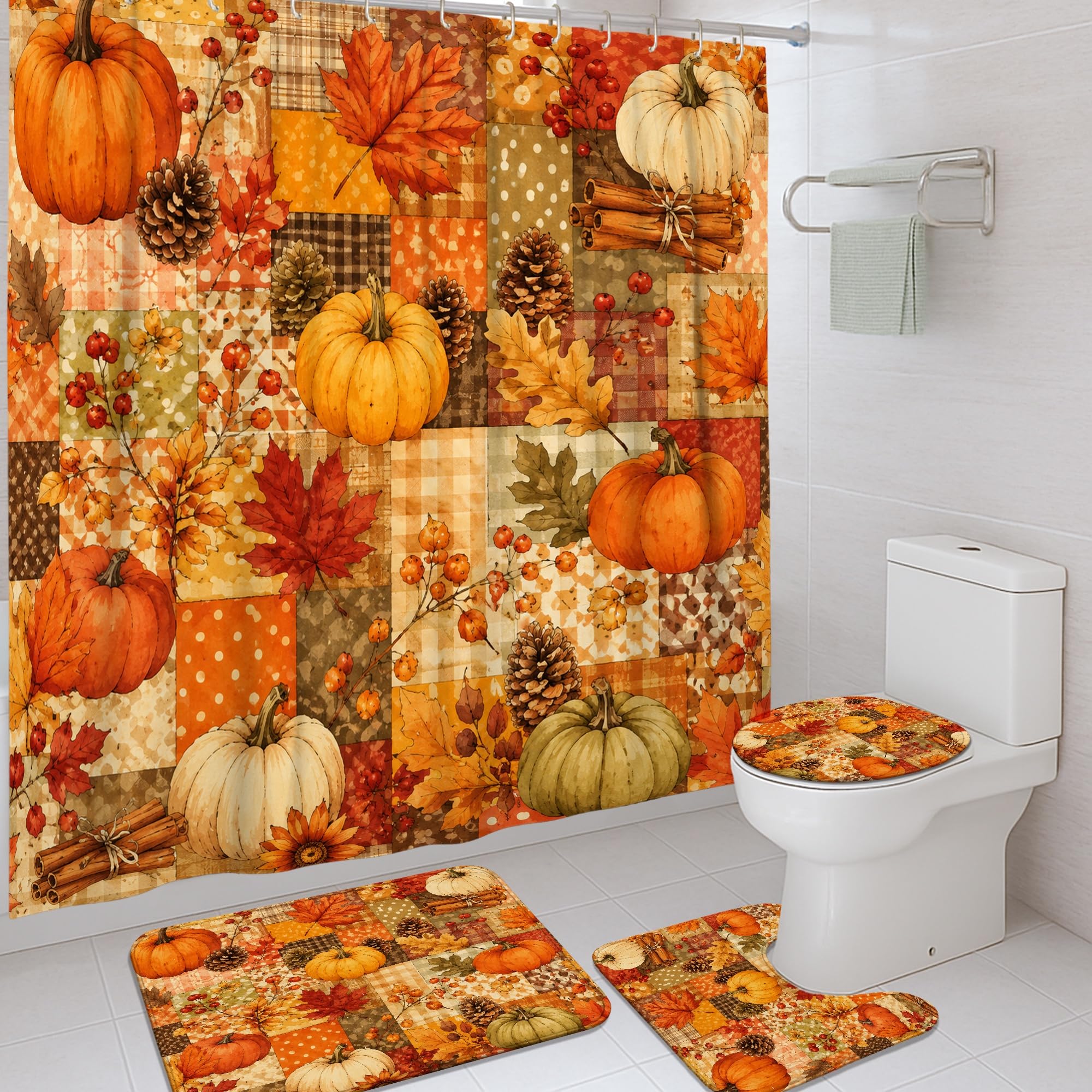 Rideau de douche citrouilles et feuilles de pin pour décorer la baignoire d'un appartement