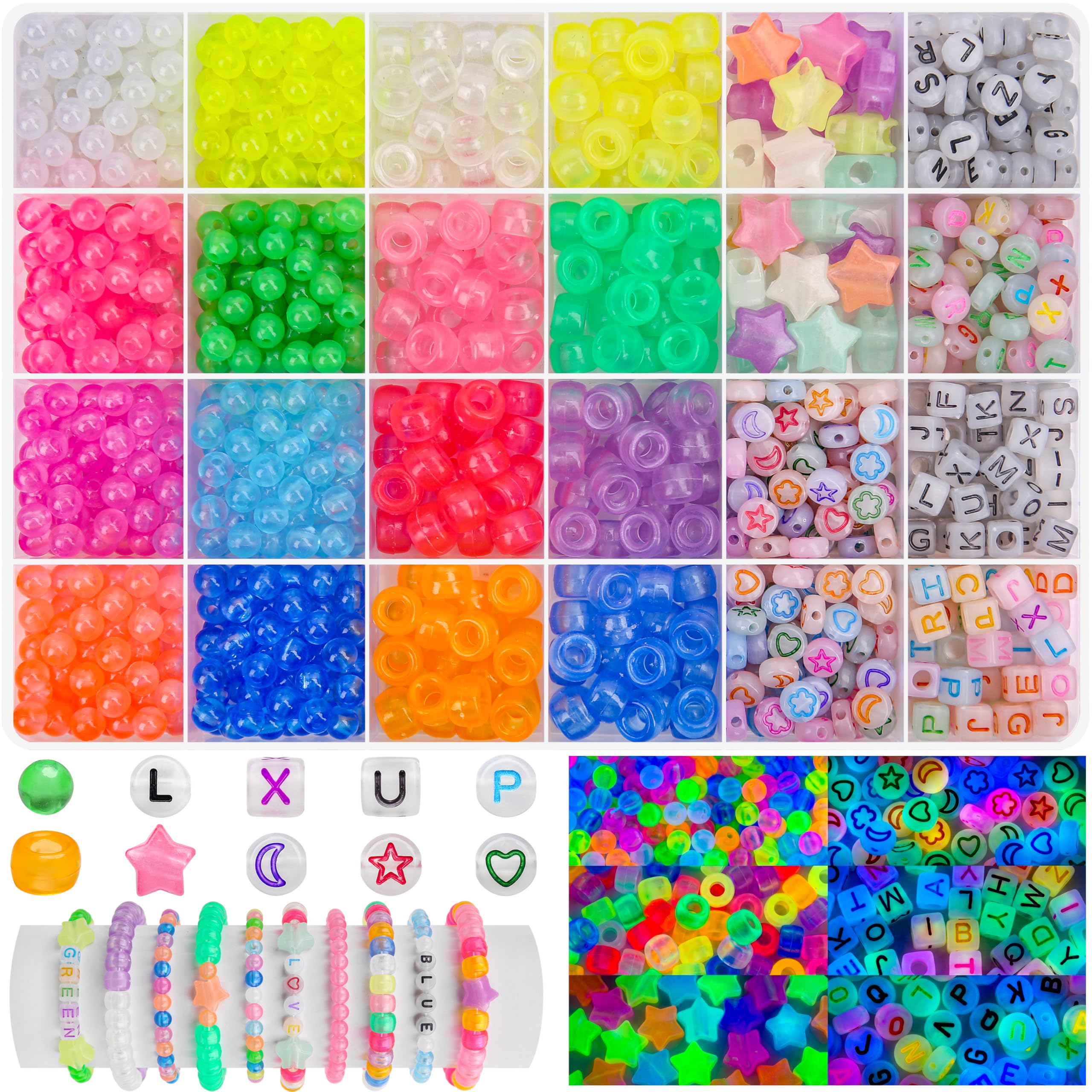 BONNY BOXX 1026Pcs Glow in the Dark Beads Kit, Acrylic Luminous Round Beads, Pony Beads, Star Beads & Letter Beads for Jewelry Making, Necklace, Bracelet, Keychain & DIY Crafts