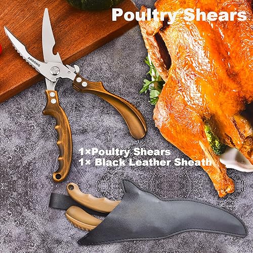 Miniatura 6 de ANDONG Tijeras de cocina  Tijeras de acero inoxidable resistentes para aves, carne y huesos con funda de cuero negro para alimentos