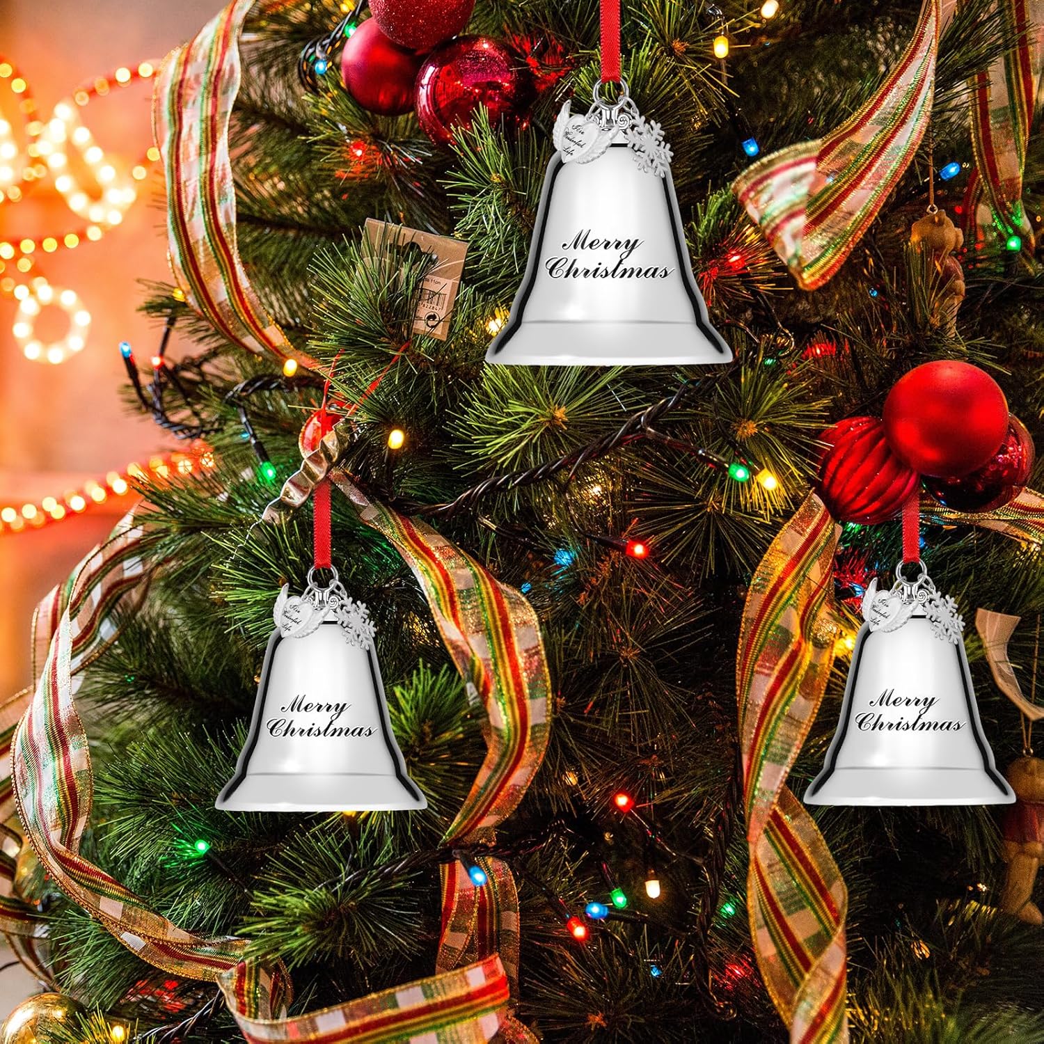 Styleonme Christmas Bells Ornament 2025 – Heart-Shaped Angel Wings with Snowflakes, Inspired by It's a Wonderful Life, Silver Holiday Decoration Bells - Image 5