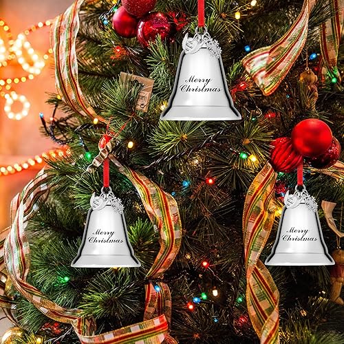 Vista 19 de Styleonme Campanas decorativas, adornos de Navidad 2025, grabadas "It's Merry Christmas" 2025, decoración de campanas plateadas con colgantes