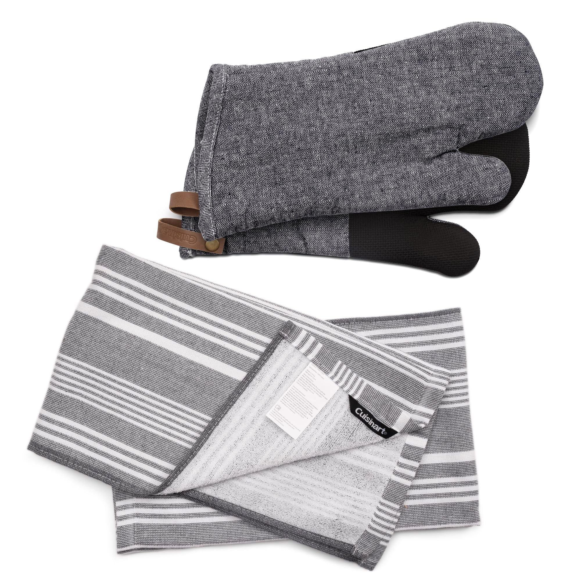 Cuisinart Oven Gloves & Tea Towel Set with Grey Herringbone Neoprene Oven Gloves Set of 2 & Fouta Striped Grey Tea Towels for Kitchen Set of 2,40x70cm